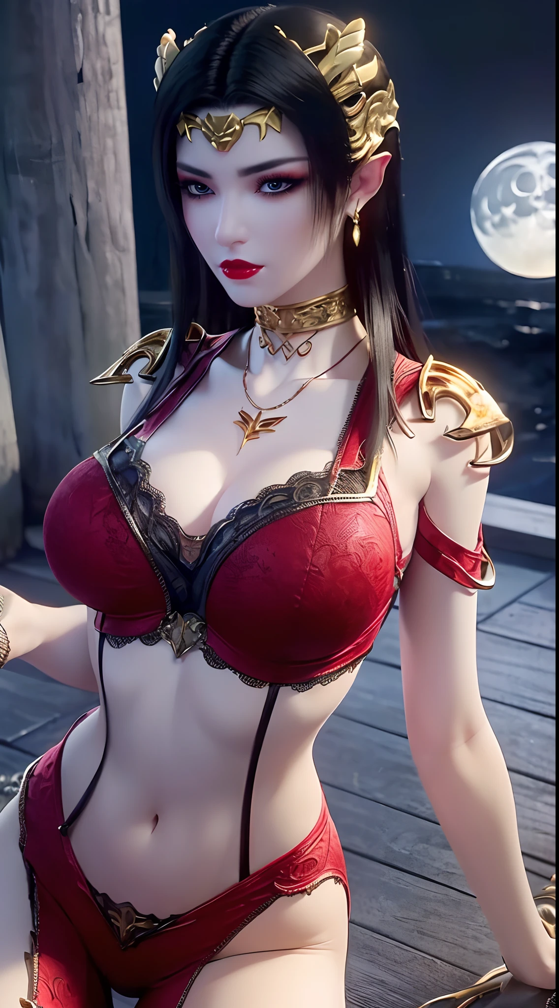 1 extremely beautiful queen, ((wearing y red lingerie with black lace trim:1.6)), (((Patterns on clothes:1.6))), ((long black hair:1.6)), jewelry elaborately made from precious stones and beautiful hair, ((wearing a 24k gold lace necklace:1.4))), the noble, noble style of an extremely beautiful girl, her small face is super cute, her face is very pretty, thin eyebrows, flawless beautiful face, ((black eye pupils: 0.8)), very beautiful eyes, ((platinum blue eyes: 1.6)), (((eyes wide open:1.6))), nice makeup and hair detailed eyelashes, steamy eye makeup, high nose, earrings, red lips, ((closed mouth: 1.5)) beautiful lips, slim hands, most beautiful thighs, ((arms spread out to the sides: 1.5)), rosy face, clean face, flawless beautiful face, smooth white skin, (big.5)), ((high breasts: 1.6)) breasts, beautiful cl (((big breasts andound: 1.8))),ght breasts: 1.7)) , beautiful breasts, perfect bod arms, chest out, thin blacstockings with black lace trim, 8k photo, super high quality, super realistic, super 10x pixels, optical, bright studio, bright edges, dual-tone lighting, (high-detail skin:1.2), super 8k, soft lighting, high quality, volumetric lighting, photorealistic, photorealistic high resolution, lighting, best photo, 4k, 8k quality, blur effect, smooth sharp, 10 x pixel, ((sea and moonlight at night background:1.5)), aurora, lightning, super graphics realistic, most realistic graphics, 1 girl, alone, solo, Extremely sharp image, surreal, (((frontal portrait: 1)))."