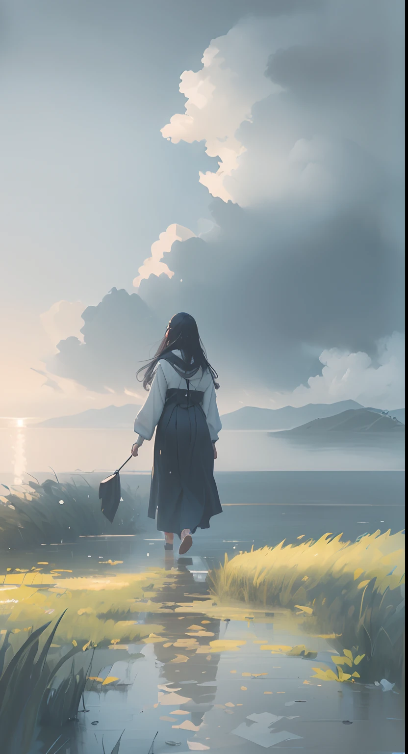 On a grey rainy day a beautiful young anime lady (((walking into a lake away from camera))), extreme long shot, full body shot, very large lake, walking in shallow shoreline, 24k resolution, impressionism art style, photorealistic, hyperdetailed, stormy clouds, up to her knees in water, no dock, walking away from camera.