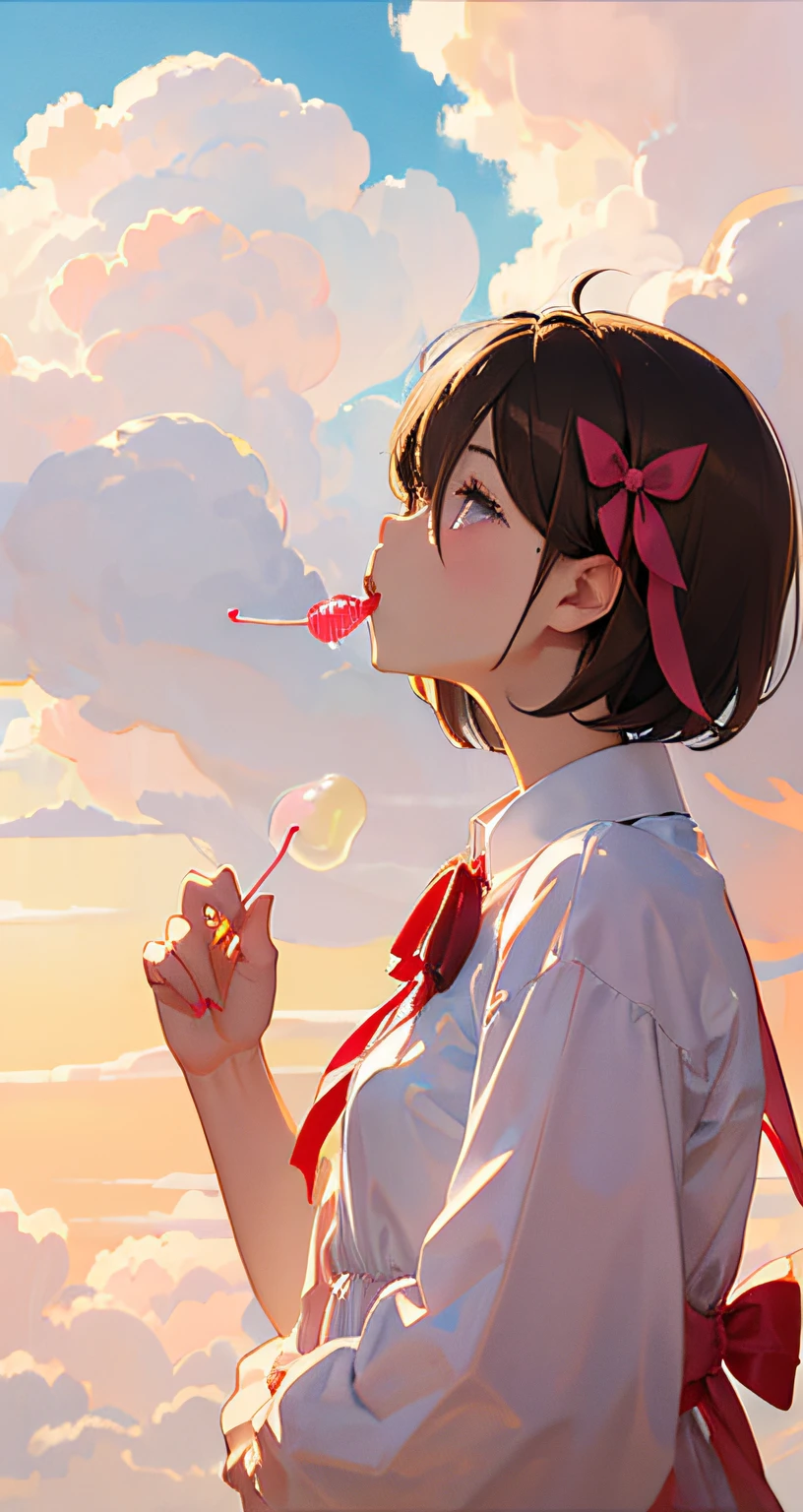 Wearing a ribbon、Brown hair、short-hair、Princess、luminous sky、on clouds、Licking candy