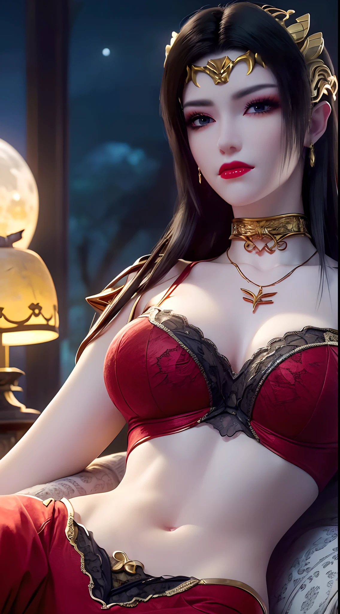1 extremely beautiful queen, ((wearing sexy red lingerie with black lace trim:1.6)), (((Patterns on clothes:1.6))), ((long black hair:1.6)), jewelry elaborately made from precious stones and beautiful hair, ((wearing a 24k gold lace necklace:1.4))), the noble, noble style of an extremely beautiful girl, her small face is super cute, her face is very pretty, thin eyebrows, flawless beautiful face, ((black eye pupils: 0.8)), very beautiful eyes, ((platinum blue eyes: 1.6)), (((eyes wide open:1.6))), nice makeup and hair detailed eyelashes, steamy eye makeup, high nose, earrings, red lips, ((closed mouth: 1.5)) beautiful lips, slim hands, most beautiful thighs, ((arms spread out to the sides: 1.5)), rosy face, clean face, flawless beautiful face, smooth white skin, (big breasts: 1.5)), ((high breasts: 1.6)), tight breasts, beautiful cleavage, (((big breasts and super round: 1.8))), ((super tight breasts: 1.7)) , beautiful breasts, perfect body, back arms, chest out, thin black mesh stockings with black lace trim, 8k photo, super high quality, super realistic, super 10x pixels, optical, bright studio, bright edges, dual-tone lighting, (high-detail skin:1.2), super 8k, soft lighting, high quality, volumetric lighting, photorealistic, photorealistic high resolution, lighting, best photo, 4k, 8k quality, blur effect, smooth sharp, 10 x pixel, ((sea and moonlight at night background:1.5)), aurora, lightning, super graphics realistic, most realistic graphics, 1 girl, alone, solo, Extremely sharp image, surreal, (((frontal portrait: 1)))."