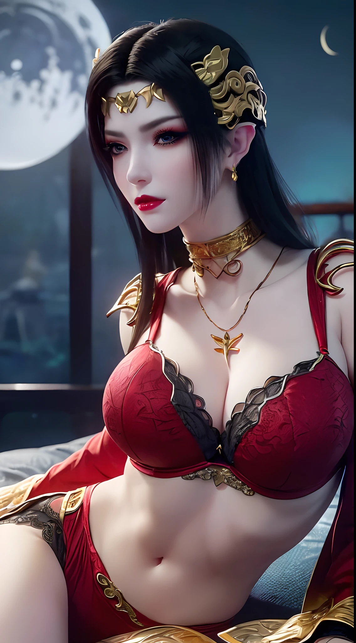 1 extremely beautiful queen, ((wearing sexy red lingerie with black lace trim:1.6)), (((Patterns on clothes:1.6))), ((long black hair:1.6)), jewelry elaborately made from precious stones and beautiful hair, ((wearing a 24k gold lace necklace:1.4))), the noble, noble style of an extremely beautiful girl, her small face is super cute, her face is very pretty, thin eyebrows, flawless beautiful face, ((black eye pupils: 0.8)), very beautiful eyes, ((platinum blue eyes: 1.6)), (((eyes wide open:1.6))), nice makeup and hair detailed eyelashes, steamy eye makeup, high nose, earrings, red lips, ((closed mouth: 1.5)) beautiful lips, slim hands, most beautiful thighs, ((arms spread out to the sides: 1.5)), rosy face, clean face, flawless beautiful face, smooth white skin, (big breasts: 1.5)), ((high breasts: 1.6)), tight breasts, beautiful cleavage, (((big breasts and super round: 1.8))), ((super tight breasts: 1.7)) , beautiful breasts, perfect body, back arms, chest out, thin black mesh stockings with black lace trim, 8k photo, super high quality, super realistic, super 10x pixels, optical, bright studio, bright edges, dual-tone lighting, (high-detail skin:1.2), super 8k, soft lighting, high quality, volumetric lighting, photorealistic, photorealistic high resolution, lighting, best photo, 4k, 8k quality, blur effect, smooth sharp, 10 x pixel, ((sea and moonlight at night background:1.5)), aurora, lightning, super graphics realistic, most realistic graphics, 1 girl, alone, solo, Extremely sharp image, surreal, (((frontal portrait: 1)))."