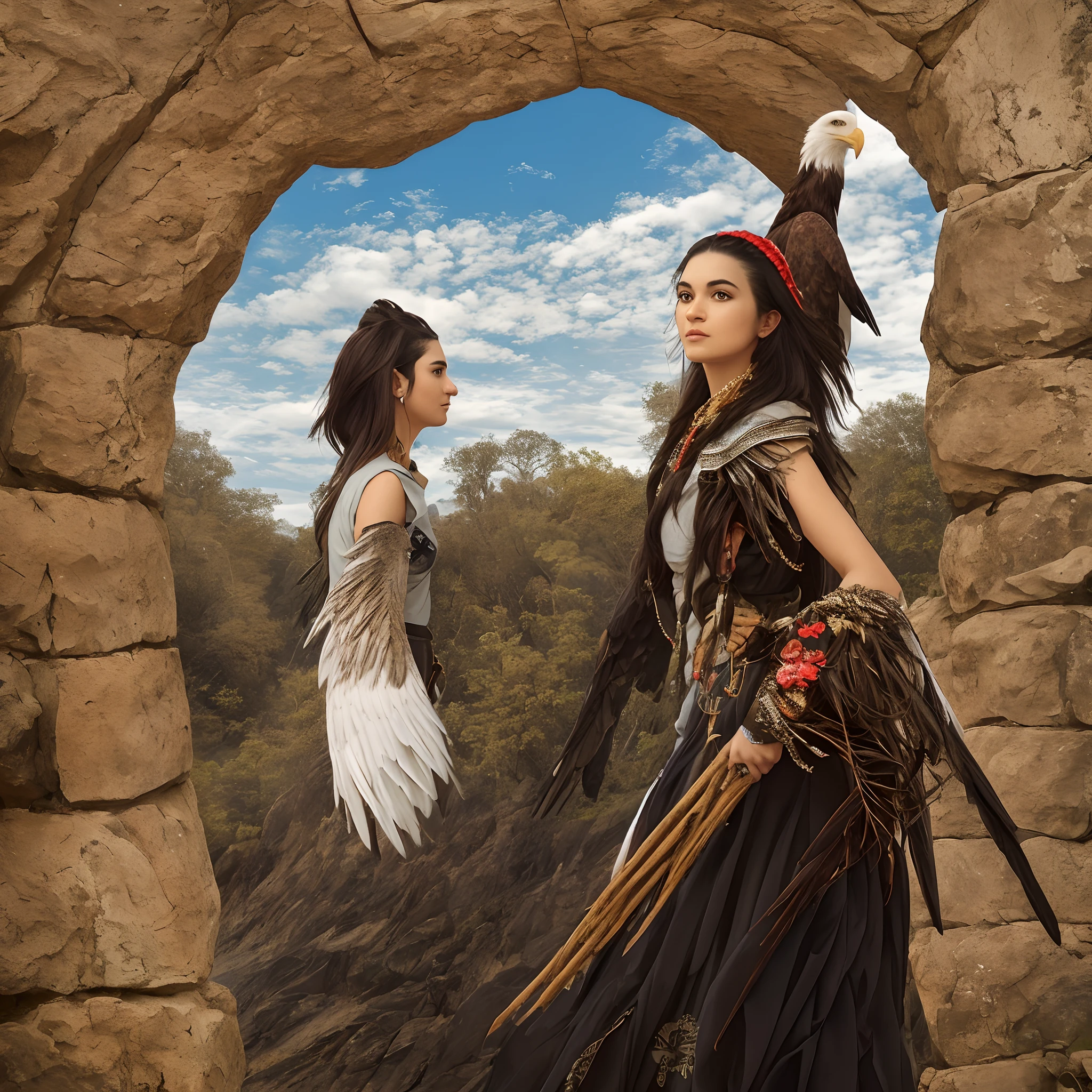 Foto realista de perfil de mulher, india cherokee, penas no cabelo, solto e comprido , segurando um arco, trajando, uma roupa de couro, in a wild setting and an American eagle on the shoulder