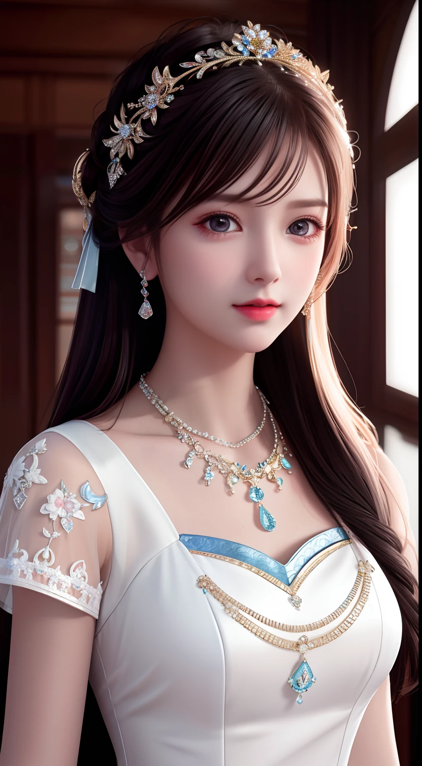 Best Quality, Masterpiece, High Resolution, 1 Girl, Porcelain Dress, Hair Accessories, Necklace, Jewelry, Beautiful Face, Physics, Tyndall Effect, Realistic, Dark Studio, Rim Lighting, Duotone Lighting, (High Detail Skin: 1.2), 8k uhd, DSLR, soft light, high quality, volumetric light, candid, photo, high resolution, 4k, 8k, bokeh
