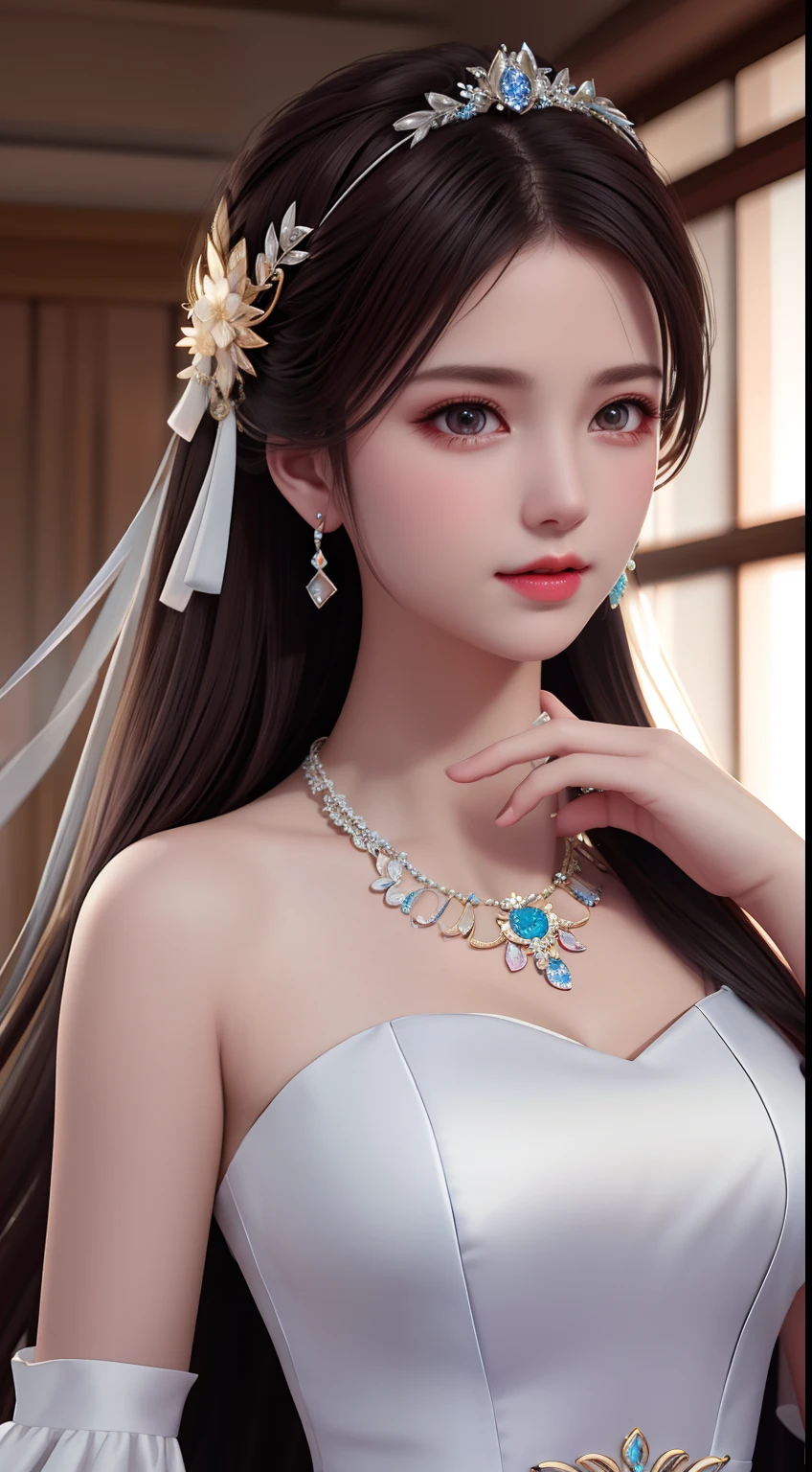 Best Quality, Masterpiece, High Resolution, 1 Girl, Porcelain Dress, Hair Accessories, Necklace, Jewelry, Beautiful Face, Physics, Tyndall Effect, Realistic, Dark Studio, Rim Lighting, Duotone Lighting, (High Detail Skin: 1.2), 8k uhd, DSLR, soft light, high quality, volumetric light, candid, photo, high resolution, 4k, 8k, bokeh