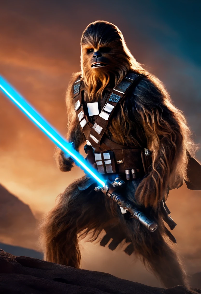 chewbacca as a spartan warrior, jumping in the air, a neon blue light sabers in hand, the sky is a pale hunter green, dying spartans on the ground , bloody armor, epic, 8k