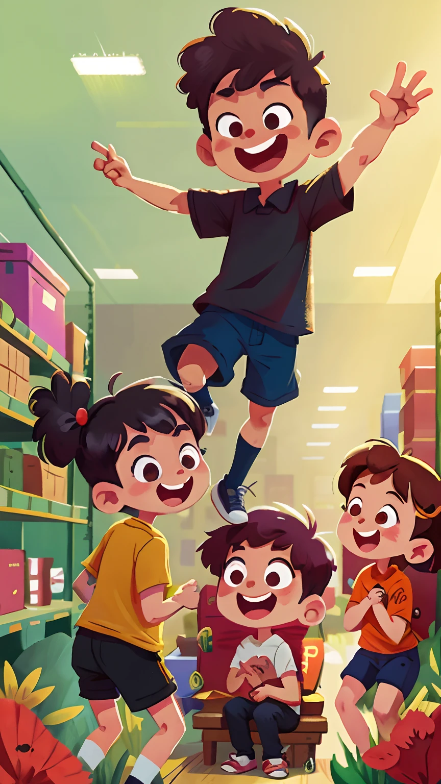 inside a warehouse,Between channels,Black polo shirt,A male warehouse worker,Laugh happily,Plainclothes female clerk,cheerfulness,laughingly,facing at camera,Spring Festival congratulations,Cartoon style