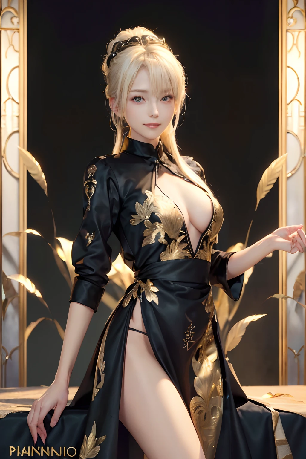 ((top-quality、8K、​masterpiece:1.3)), (Longhaire, Beautiful hairstyle, Platinum Blonde Hair:1.5)、(Cute pattern in gold leaf,  Delicate workmanship, Black Fabric:1.4, maid dress:1.5), (gothic styles), Clear, Fine-grained skin、Beautiful clear eyes、cleavage of the breast、Carefree and natural smile、(Hair disheveled in the wind:1.3)、Beautiful girl with a smile、(thin-waist:1.3)、(Dynamic and provocative poses:1.2)、(Backshots)