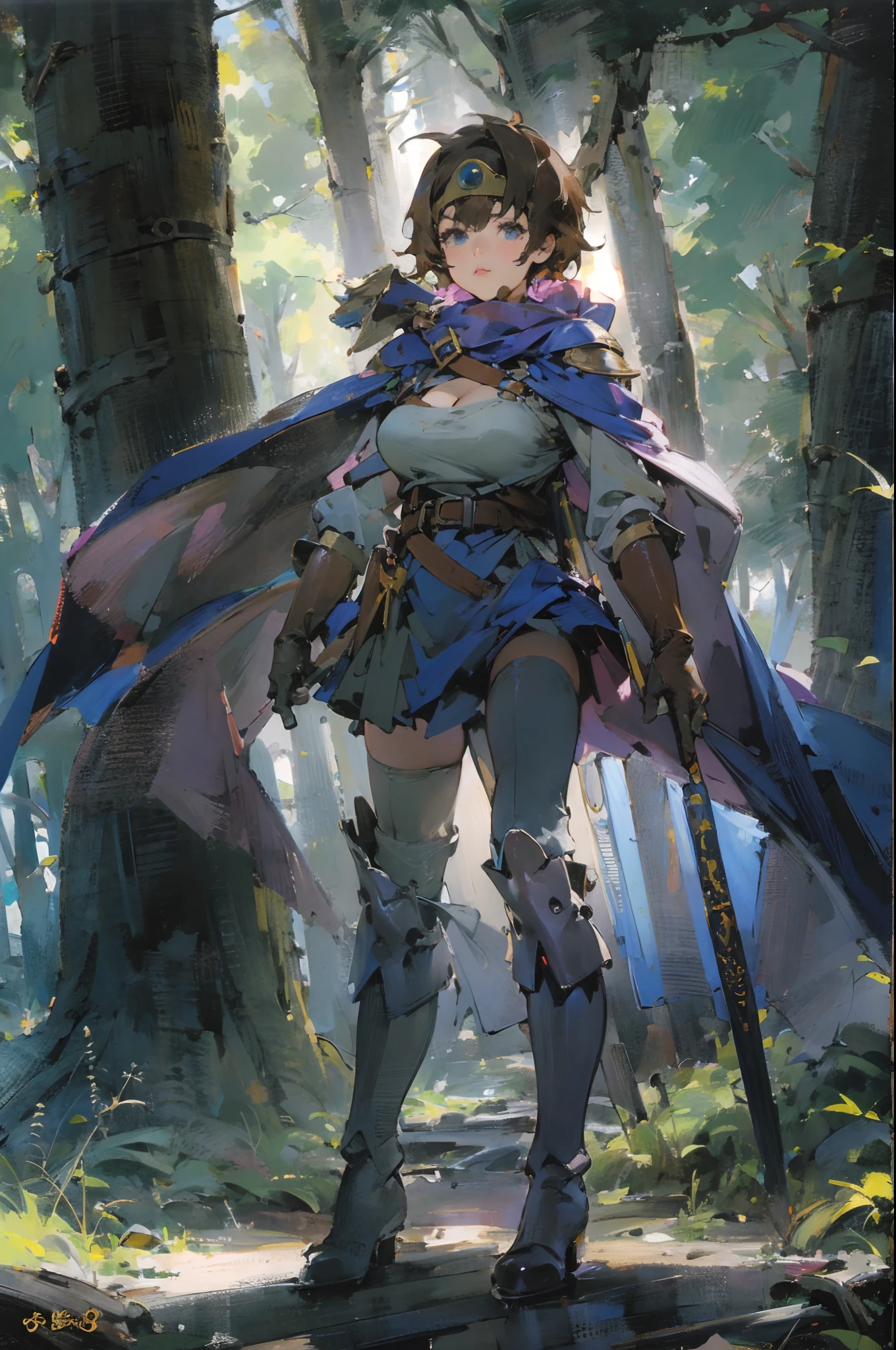 (((Top Quality: 1.4))),(Unparalleled Masterpiece), (Ultra High Definition),(Ultra-Realistic 8k CG),official art, (sheathed weapon on back:1.2), roto (dq3), 1girl, solo, short hair, brown hair, blue eyes, circlet, large breasts, cleavage, strapless, blue dress, purple cape, thigh-highs, elbow gloves, boots, belt, scabbard,, knee boots, in dark forest, sunlight filtering through trees makes beautiful gradient of shadow and adds depth to images with back light effect,