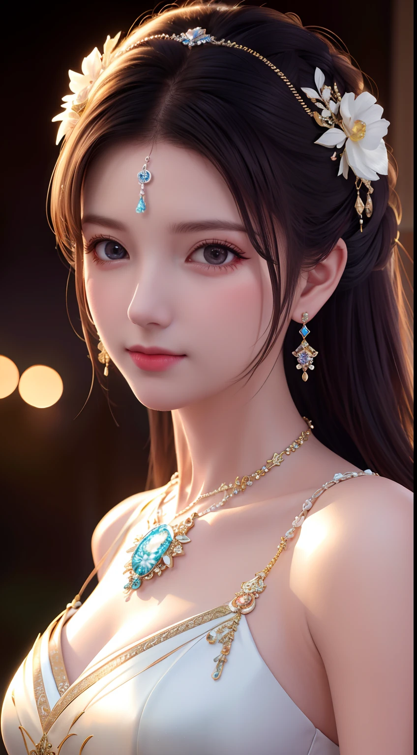 Best Quality, Masterpiece, High Resolution, 1 Girl, Porcelain Dress, Hair Accessories, Necklace, Jewelry, Beautiful Face, Physics, Tyndall Effect, Realistic, Dark Studio, Rim Lighting, Duotone Lighting, (High Detail Skin: 1.2), 8k uhd, DSLR, soft light, high quality, volumetric light, candid, photo, high resolution, 4k, 8k, bokeh