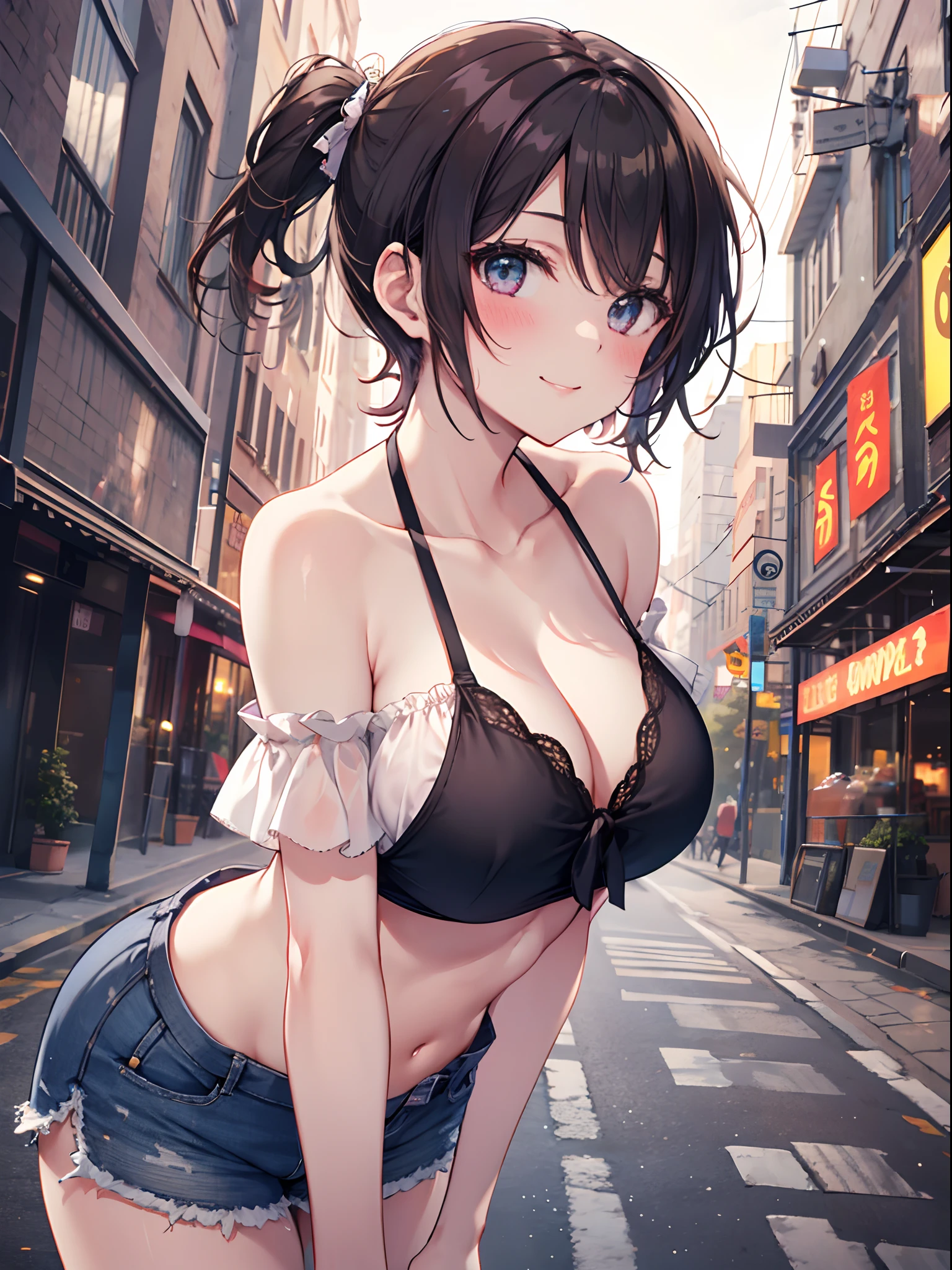 1girl in, (Chiquita:1.2), sarashina_ruka, large boob, Short hair, Dark hair,
(close shot, best quality:1.5, highres, UHD, 4K, detailed lighting, shaders), brown ponytail, large breasts, bikini, off shoulder shirt, cleavage, shorts, street background, standing, smiling, (pov, leaning forward, blushing:1.1)