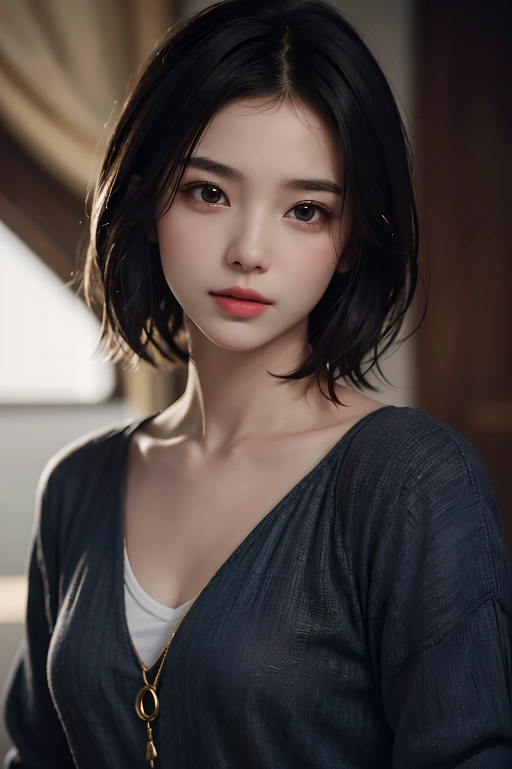 (masuter piece:1.3)、(8K、Photorealsitic、Raw photography、top-quality: 1.4)、(1girl in)、beautiful countenance、(Lifelike face)、(A dark-haired、short-hair:1.3)、Beautiful hairstyle、realisticeyes、Beautiful details、(real looking skin)、Beautiful skins、absurderes、enticing、超A high resolution、A hyper-realistic、high-detail、the golden ratio、