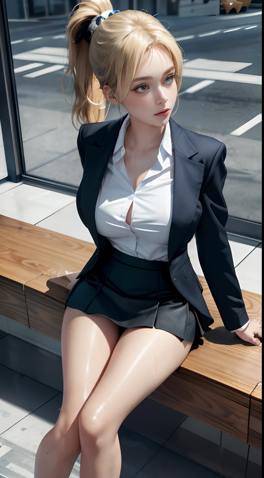 High quality, best quality, masterpiece, 8K, ultra-real, ridiculous, vibrator in panties, 1 girl, office, blonde, business suit, pen holder skirt, standing with legs extended: 1.1, blush, ponytail, wet panties, sitting, wet floor, (open clothes, expose entire breasts, flirt skirt: 1.1),