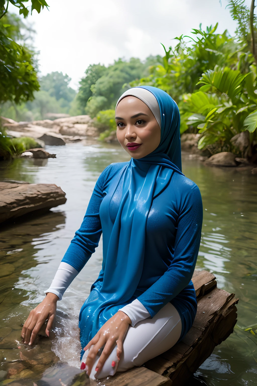Malay woman in a white dress and hijab is sitting in the water, long sleeves, closeup fantasy with water magic, beautiful maiden, wearing a dress made of water, cleavage, realistic oil painting, dripping wet, in water up to her shoulders, blonde, beautiful realistic painting, nymph in the water, hyperrealist portrait in a river, hyperrealistic fantasy art, splashing, realistic fantasy painting, cute shot, narrow depth of field, 8k, nsfw, drenched, ((soaked)), dripping water, dripping water, heavy clothes, soaked in water, wet all over, rouge lipstick, wet dripping hijab,