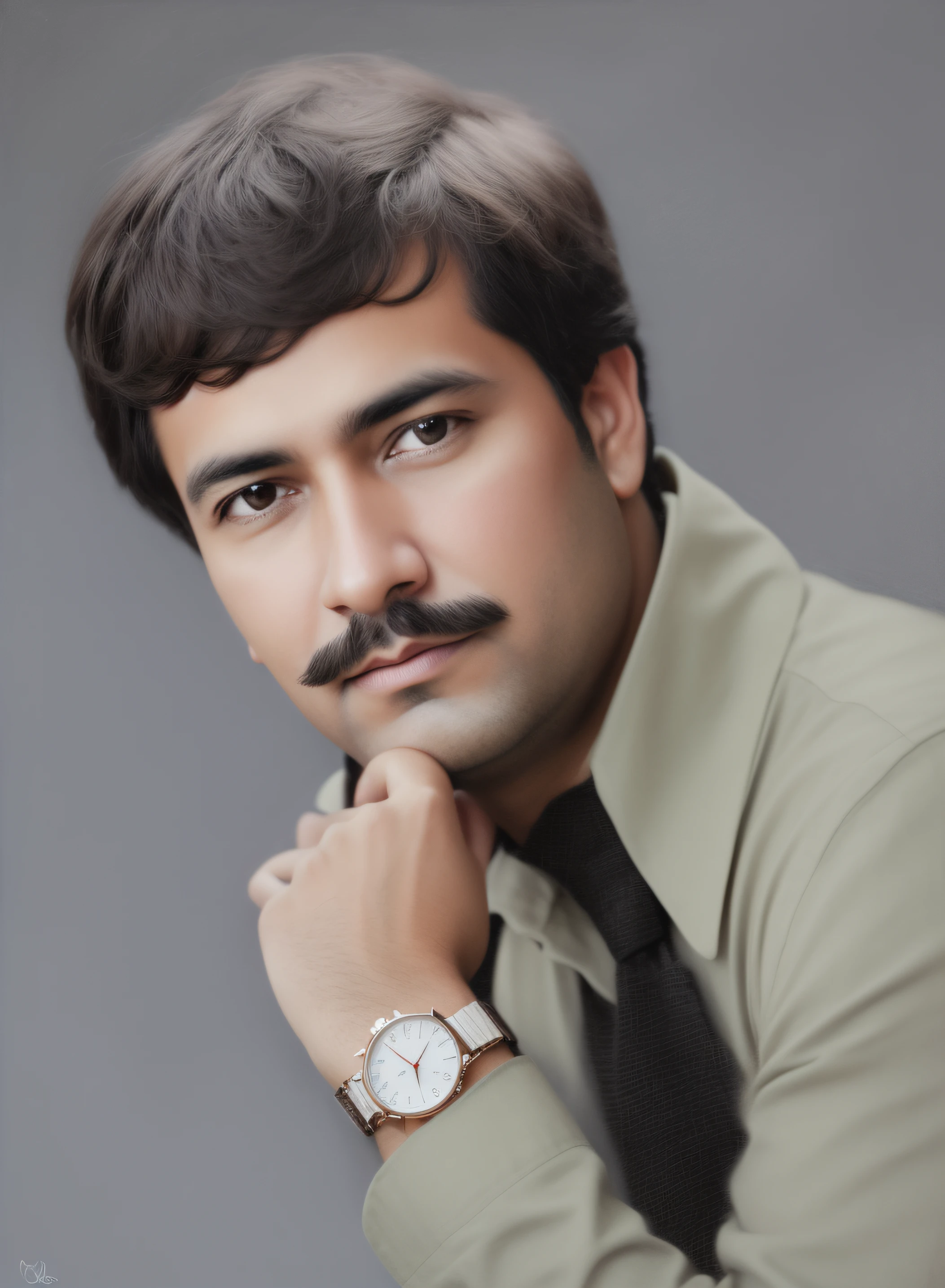 Arafed foto de un hombre con bigote y un reloj, inspirado por Sudip Roy, inspirado por Bikash Bhattacharjee, Una foto coloreada, inspirado por Narayan Shridhar Bendre, Retrato en color, Retrato de estudio realista, [ Arte digital ]!!, Arte digital de retrato, inspired by Oscar Rodríguez Naranjo, Editado en Photoshop