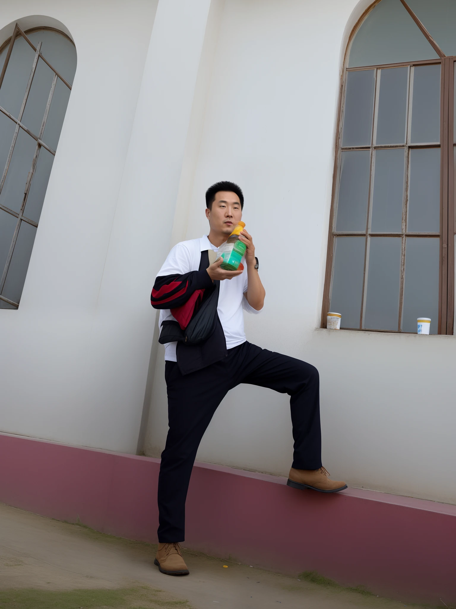 there is a man standing on a curb eating a sandwich, zhuoxin ye, lu ji, inspired by Ding Guanpeng, wu liu, zezhou chen, jia zhangke, inspired by Zhang Zongcang, phong yintion j - jiang geping, donglu yu, full body potrait holding bottle, inspired by Zhang Kechun