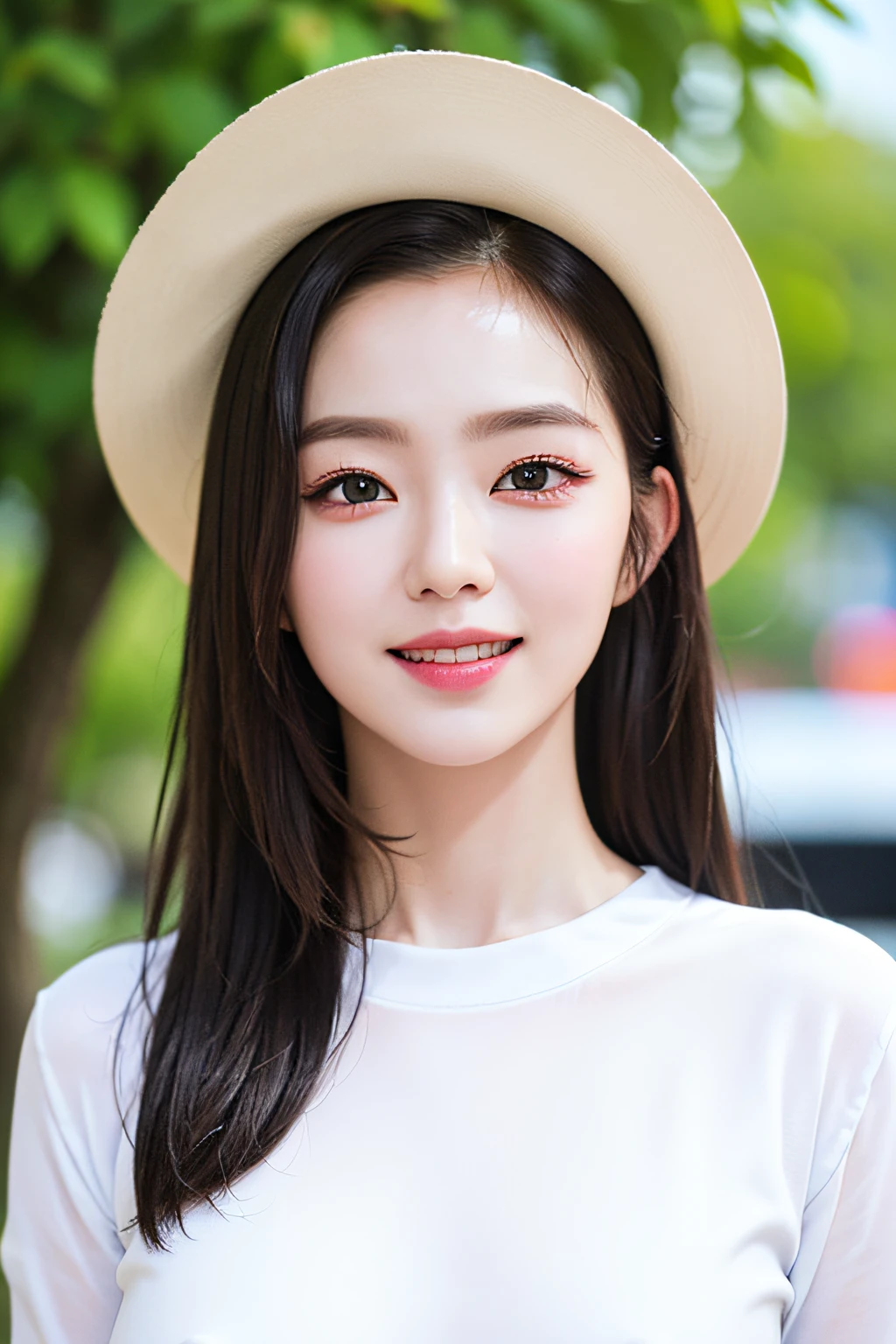 extremely detailed eyes, extremely detailed face, best quality ,masterpiece, extremely detailed, ultra-detailed, (realistic, photo-realistic:1.3), smile, (facing front), black skin, looking at viewer, white shirt, sunny day, outdoor, 1girl upperbody