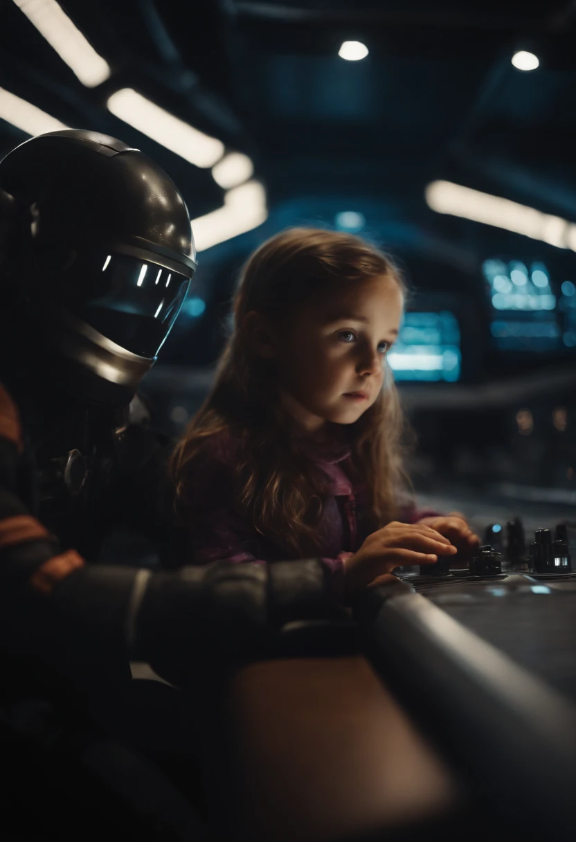 A little girl and a galactic ninja soldier, pilotando uma nave espacial