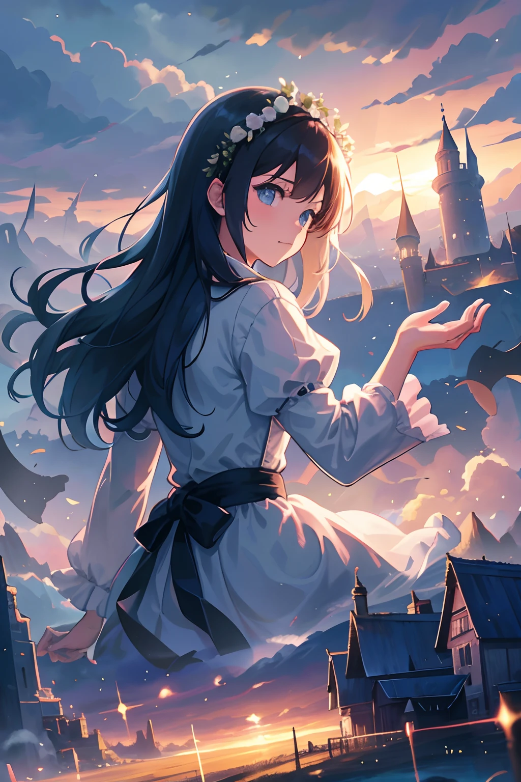 She was just a simple girl working on a farm. She lives in difficult times., These are the Dark Ages. , Crazy world, Floating islands, Cloud Castle, (Best quality:1.3), (A high resolution:1), (Detailed:1.3), (Incredible:1.3), (Perfect:1.3), (Impeccable:1.3), (Roll cover art:0), (illustration:1.3), Studio Ghibli's artwork