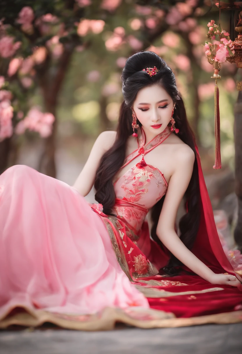 Long pink hair,with long coiled hair,Open chest,Bare chest,huge tit,Royal Sister,Hanfu,show legs,China-style,on cheongsam,lotuses