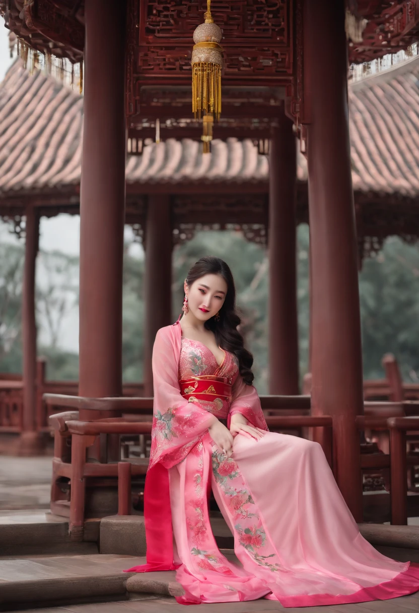Long pink hair，with long coiled hair，Open chest，Bare chest，huge tit，Royal Sister，Hanfu，show legs，China-style，on cheongsam，lotuses