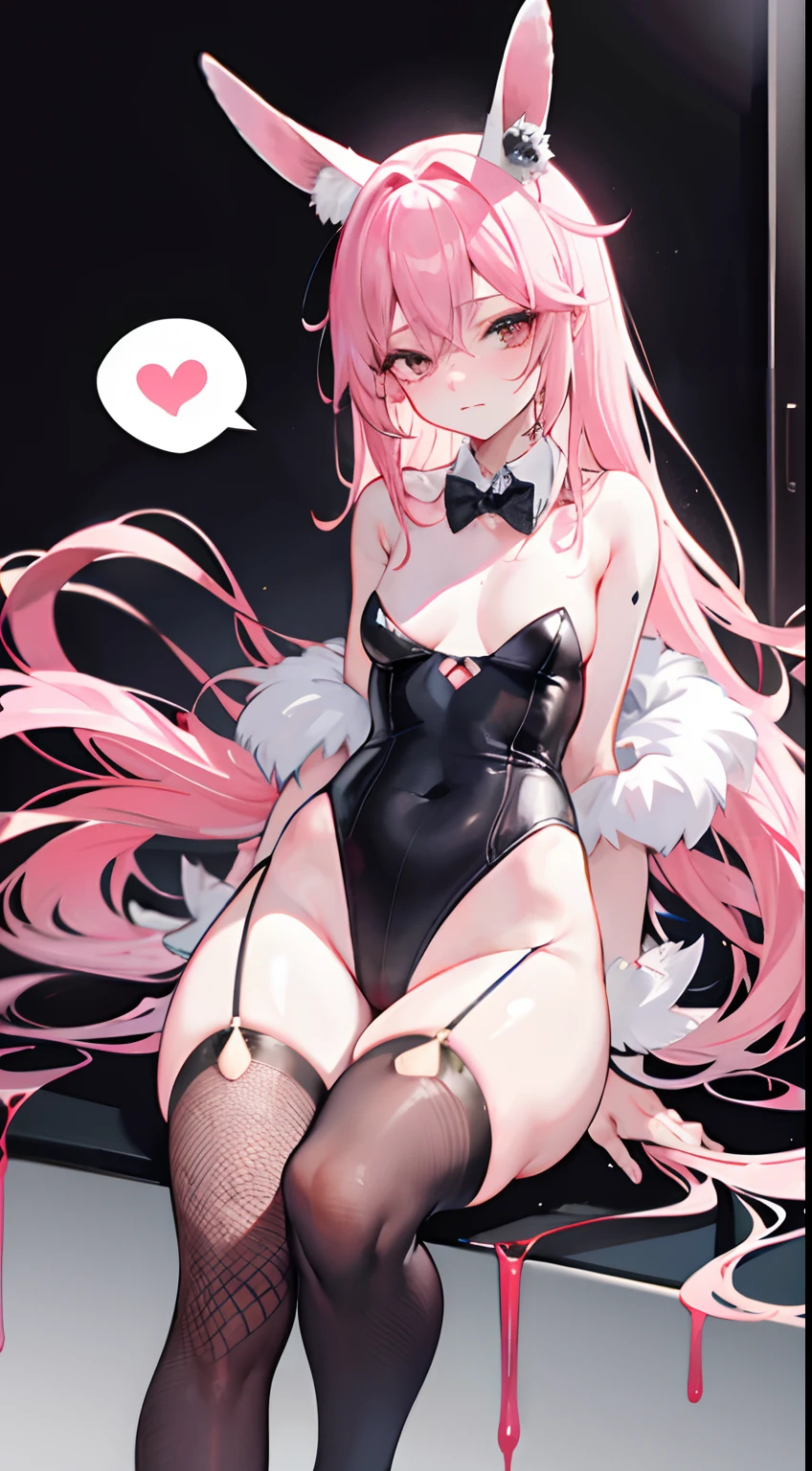 opening legs，Bunny ears，No underwear， the feet，is shy，sitted， Feet，Exposed genitals，clear liquid，Bigchest，transparent panty，soaking wet，A pink-haired，Hold your thighs from behind with your hands，Emotive expressions，Ambiguous，taunt，Succubus，Unoccluded，There is no lower limit，fishnet stockings