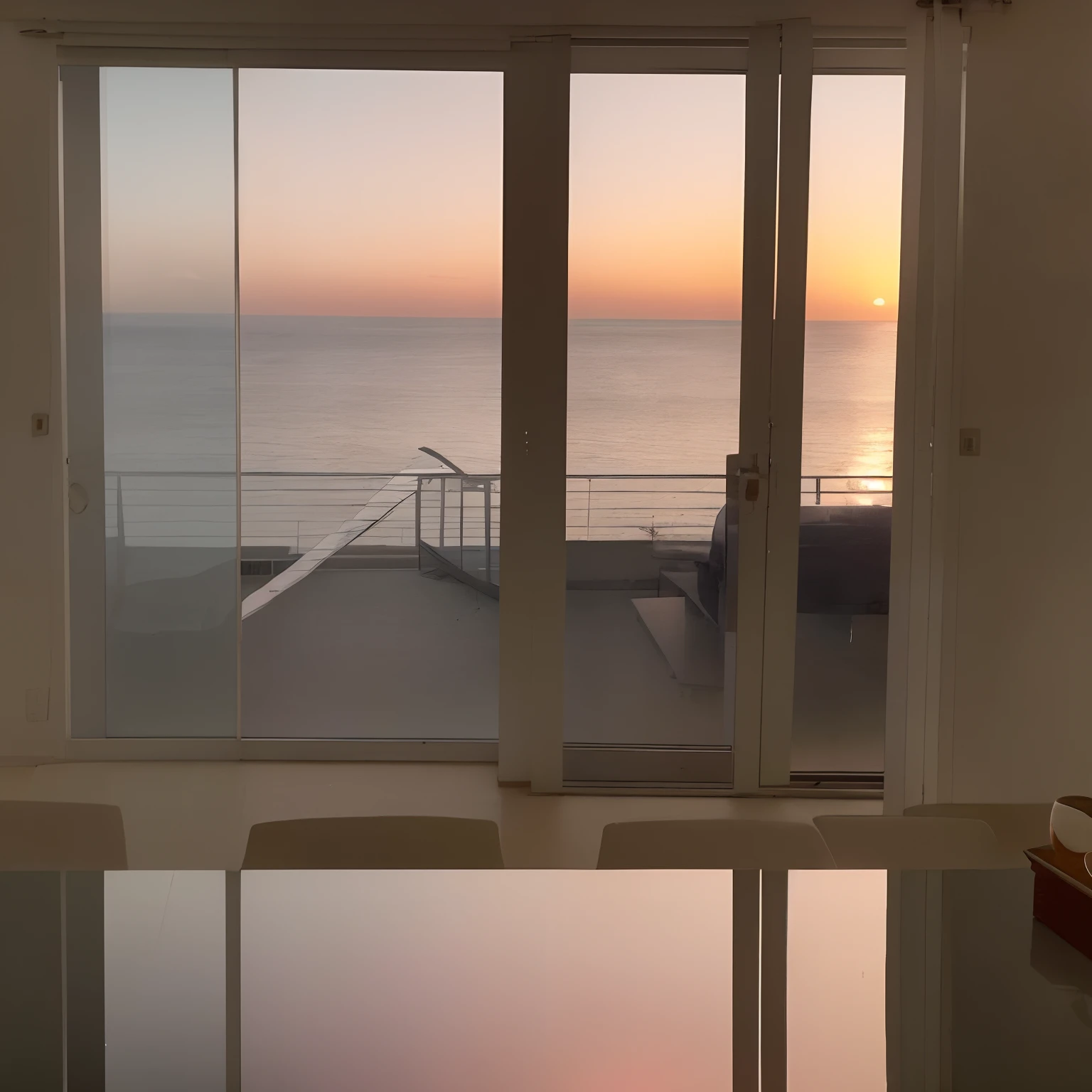 Photo taken from inside an apartment facing the sea of a stunning panoramic view of the ocean at dusk, captured by a camera with soft light, painting the sky in warm tones and reflecting on the calm surface of the waters