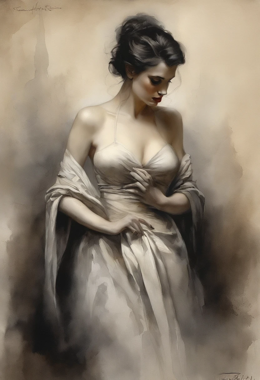 "Woman by @[artist name:Roberto Ferri]. Gothic-inspired masterpiece. Intense and intricate details. Mysterious and alluring atmosphere. Dark, moody lighting. Dramatic poses and expressions. Exquisite textures and brushwork. Fine art quality. Captivating and evocative.+"