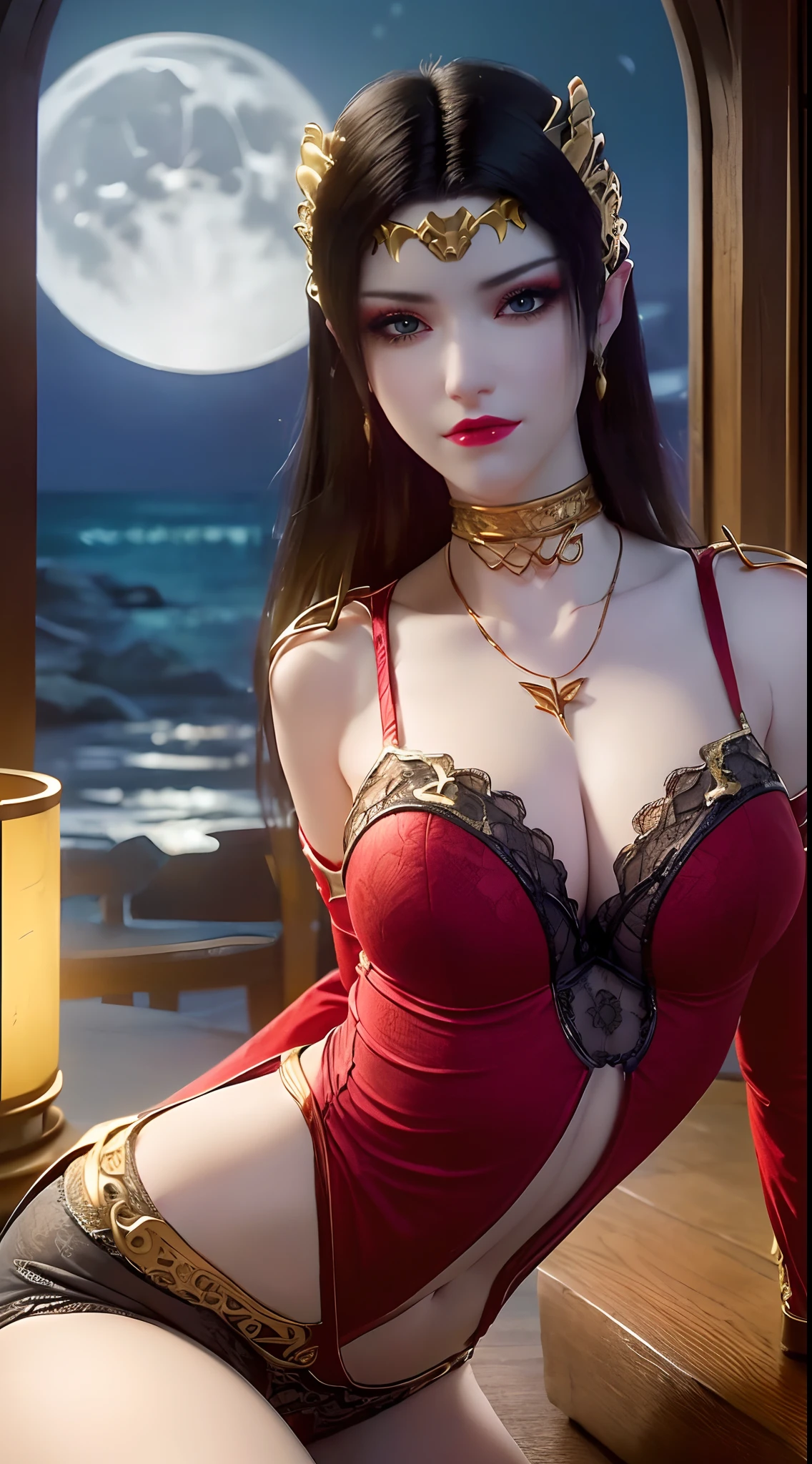 1 extremely beautiful queen, ((wearing sexy red lingerie with black lace trim:1.6)), (((Patterns on clothes:1.6))), ((long black hair:1.6)), jewelry elaborately made from precious stones and beautiful hair, ((wearing a 24k gold lace necklace:1.4))), the noble, noble style of an extremely beautiful girl, her small face is super cute, her face is very pretty, thin eyebrows, flawless beautiful face, ((black eye pupils: 0.8)), very beautiful eyes, ((platinum blue eyes: 1.6)), (((eyes wide open:1.6))), nice makeup and hair detailed eyelashes, steamy eye makeup, high nose, earrings, red lips, ((closed mouth: 1.5)) beautiful lips, slim hands, most beautiful thighs, ((arms spread out to the sides: 1.5)), rosy face, clean face, flawless beautiful face, smooth white skin, (big breasts: 1.5)), ((high breasts: 1.6)), tight breasts, beautiful cleavage, (((big breasts and super round: 1.8))), ((super tight breasts: 1.7)) , beautiful breasts, perfect body, back arms, chest out, thin black mesh stockings with black lace trim, 8k photo, super high quality, super realistic, super 10x pixels, optical, bright studio, bright edges, dual-tone lighting, (high-detail skin:1.2), super 8k, soft lighting, high quality, volumetric lighting, photorealistic, photorealistic high resolution, lighting, best photo, 4k, 8k quality, blur effect, smooth sharp, 10 x pixel, ((sea and moonlight at night background:1.5)), aurora, lightning, super graphics realistic, most realistic graphics, 1 girl, alone, solo, Extremely sharp image, surreal, (((frontal portrait: 1)))."