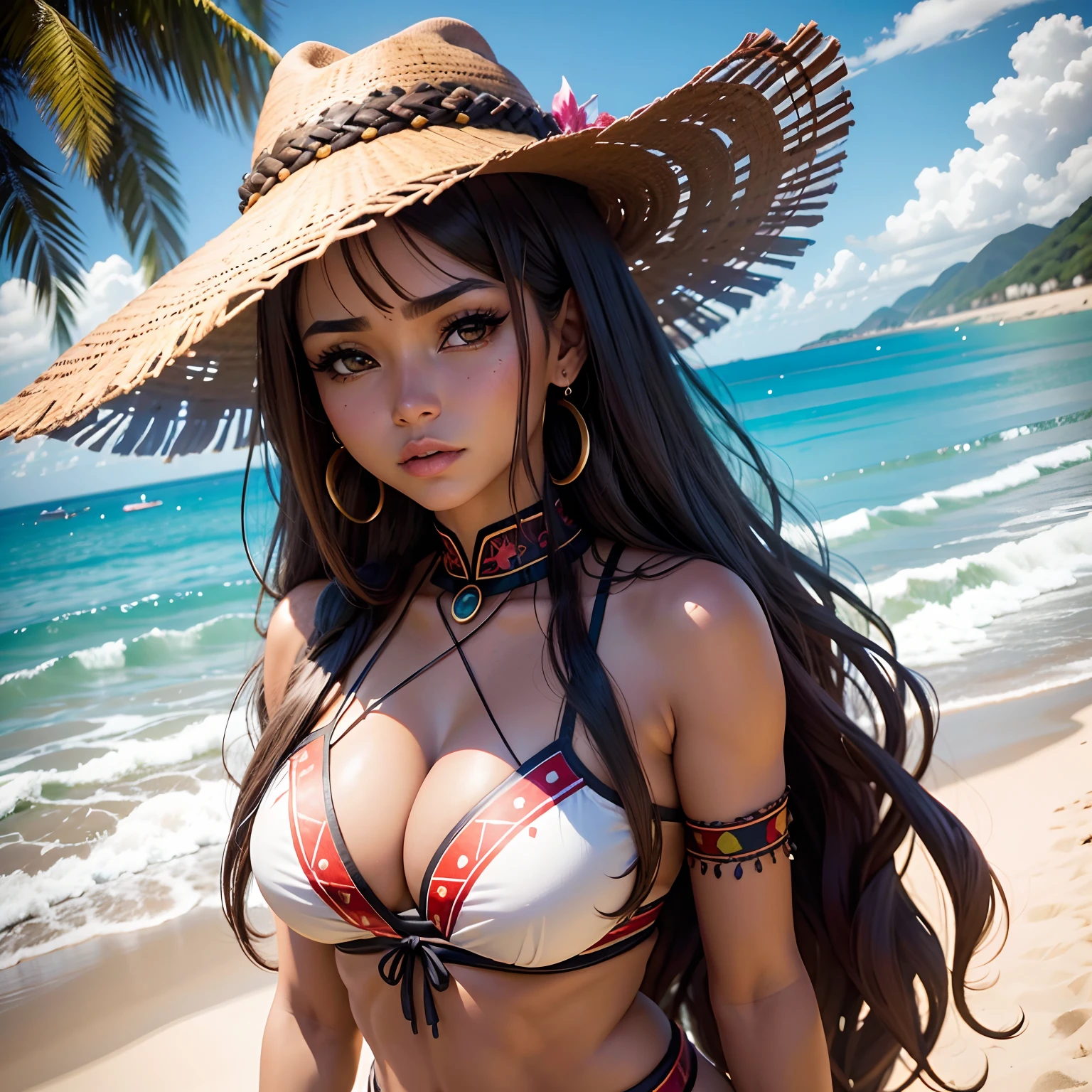 Anime character: Adult Brazilian indigenous woman, vestido bege, Brown skin, cabelos longos com franja, sentado na beira do rio, master part, best quality, pele detalhada, olhos detalhados, olhos alaranjados,8k, bom sombreamento, beautiful strokes, Antecedentes detalhados, boa anatomia