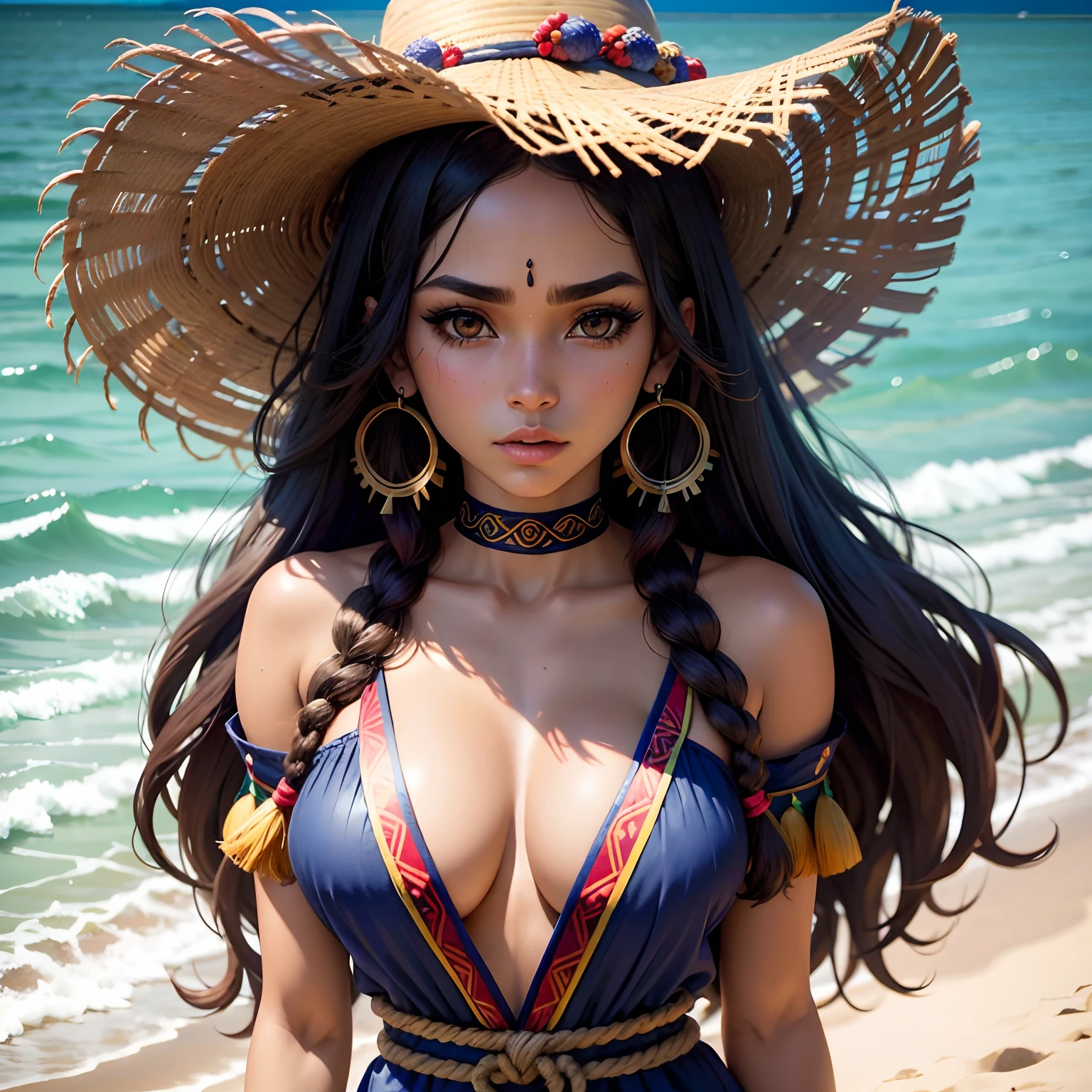Anime character: Adult Brazilian indigenous woman, vestido bege, Brown skin, cabelos longos com franja, sentado na beira do rio, master part, best quality, pele detalhada, olhos detalhados, olhos alaranjados,8k, bom sombreamento, beautiful strokes, Antecedentes detalhados, boa anatomia