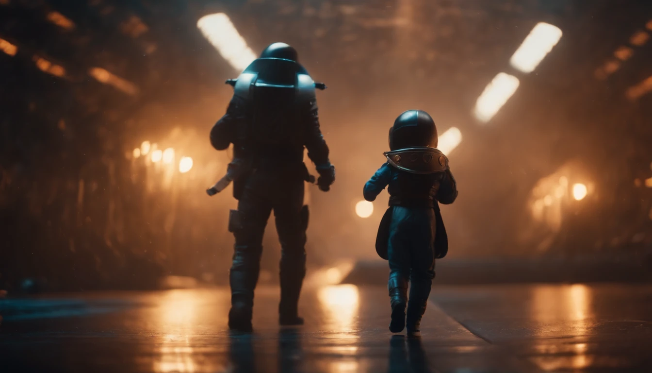 A little girl and a galactic ninja soldier, pilotando uma nave espacial