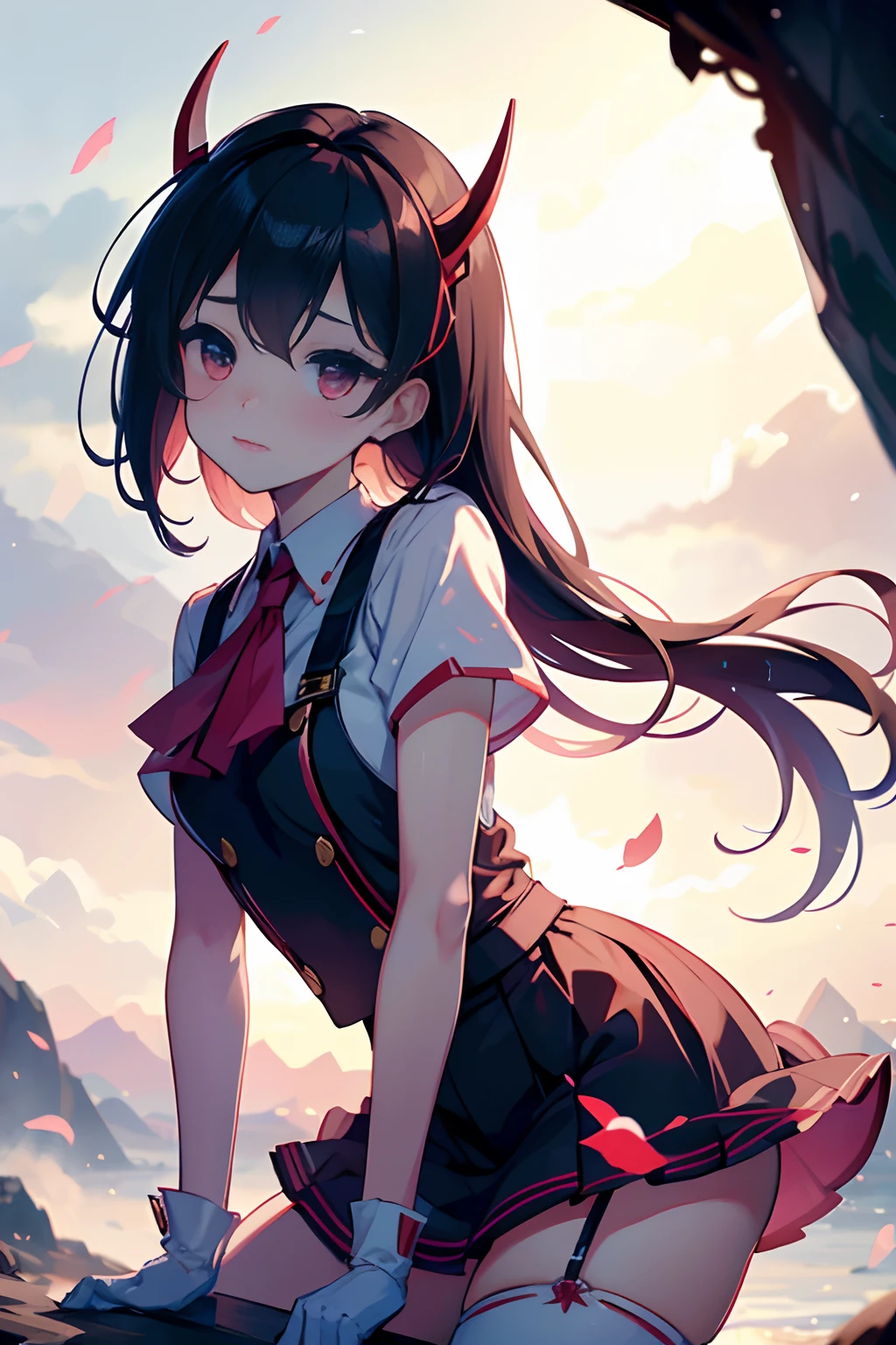 Beautiful, Masterpiece, Best quality, Extremely detailed face,  Perfect lighting, 1girll, Solo,  Mato Well Ryuko B, Chiyue, suspender skirt, crouched,Blush,  Cowboy shot