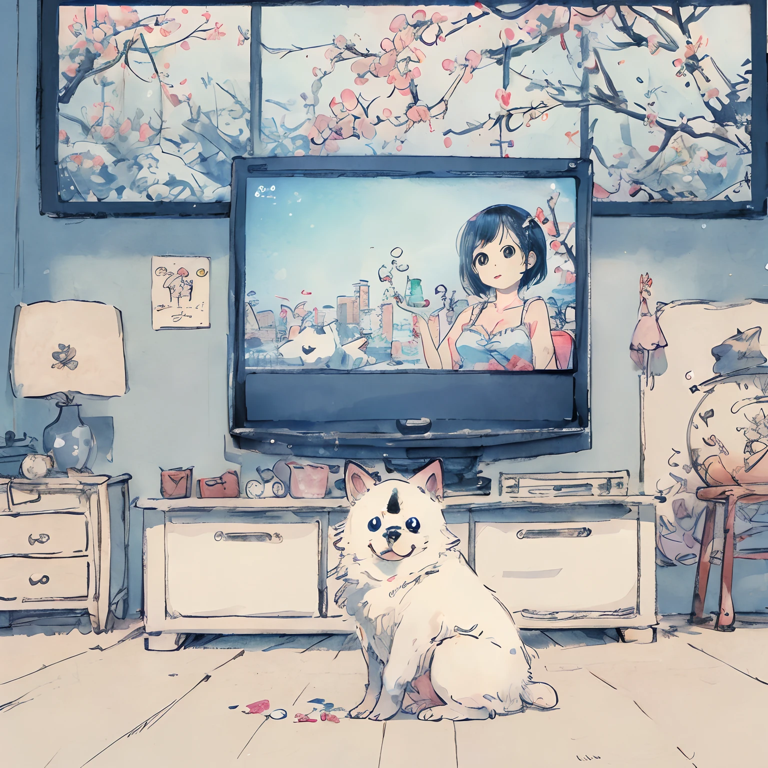 Puppy happily watching TV、blanche、fluffly、