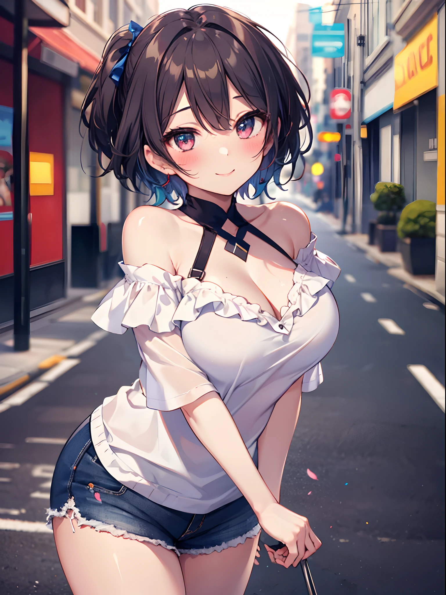 1girl in, (Chiquita:1.2), sarashina_ruka, large boob, Short hair, Dark hair,
(Close Shot, Best Quality:1.5, hight resolution, 4K, Detailed Lighting, Shaders), 
poneyTail, Large breasts, off shoulder shirt, cleavage, Shorts, Street background, Standing, Smiling, 
(POV, Leaning forward, Blushing:1.2)