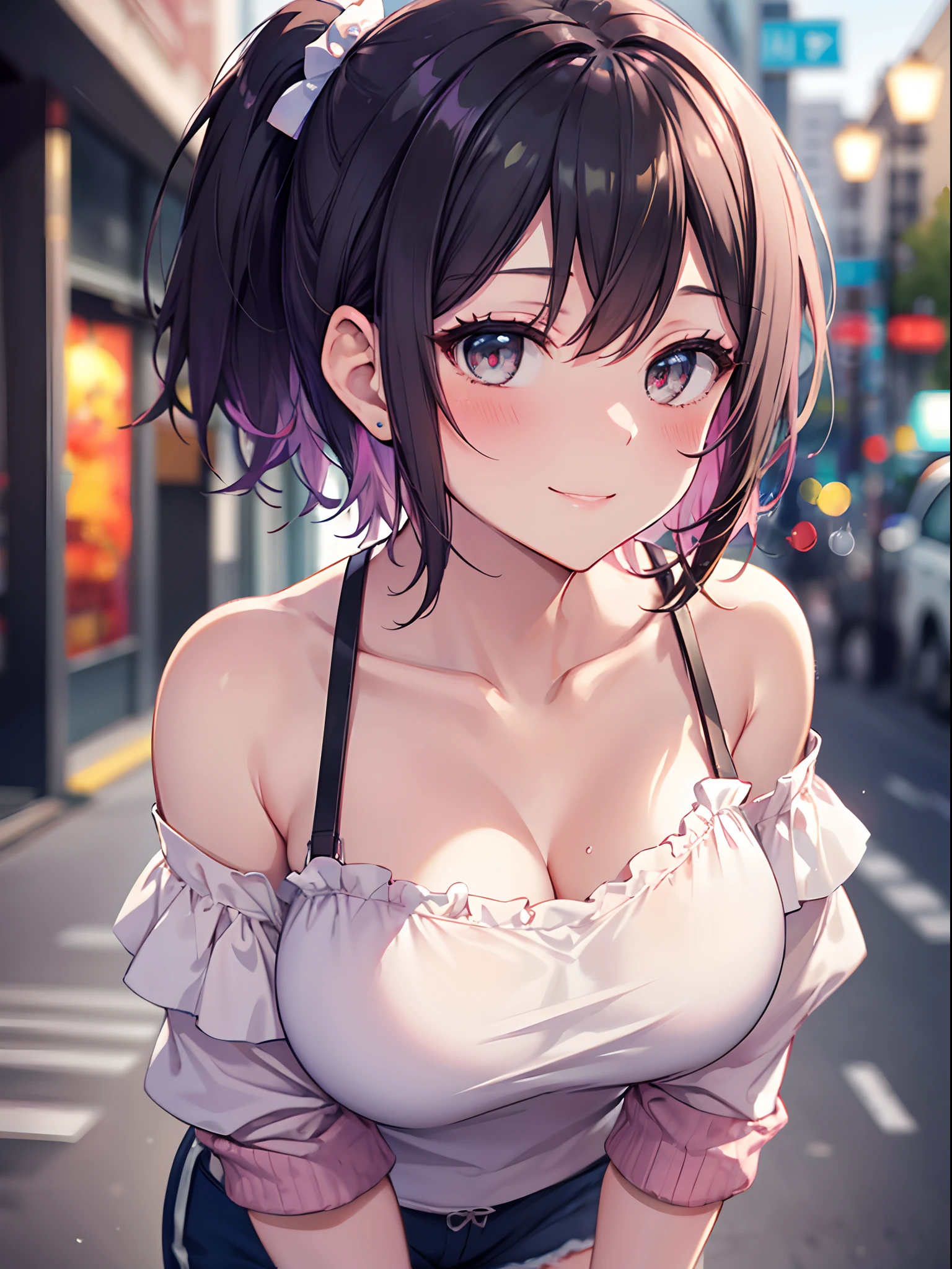 1girl in, (Chiquita:1.2), sarashina_ruka, large boob, Short hair, Dark hair,
(Close Shot, Best Quality:1.5, hight resolution, 4K, Detailed Lighting, Shaders), 
poneyTail, Large breasts, off shoulder shirt, cleavage, Shorts, Street background, Standing, Smiling, 
(POV, Leaning forward, Blushing:1.2)