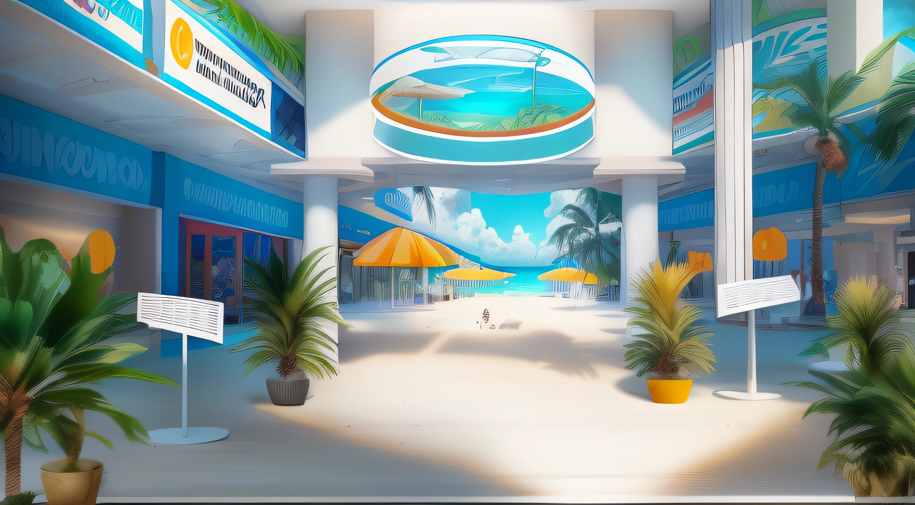 Por favor, generate an image of a scenario where a mall with a panoramic view stretches out in front of me. No fundo, vislumbro um caminho que leva a um cais repleto de lanchas. There are three visible plates: one on the left, another on the right and a third pointing to the pier in the background. Do outro lado da cena, There are several potted palm trees, conferindo uma atmosfera que lembra Cancun. There are no people on site. Por favor, crie essa imagem para mim.