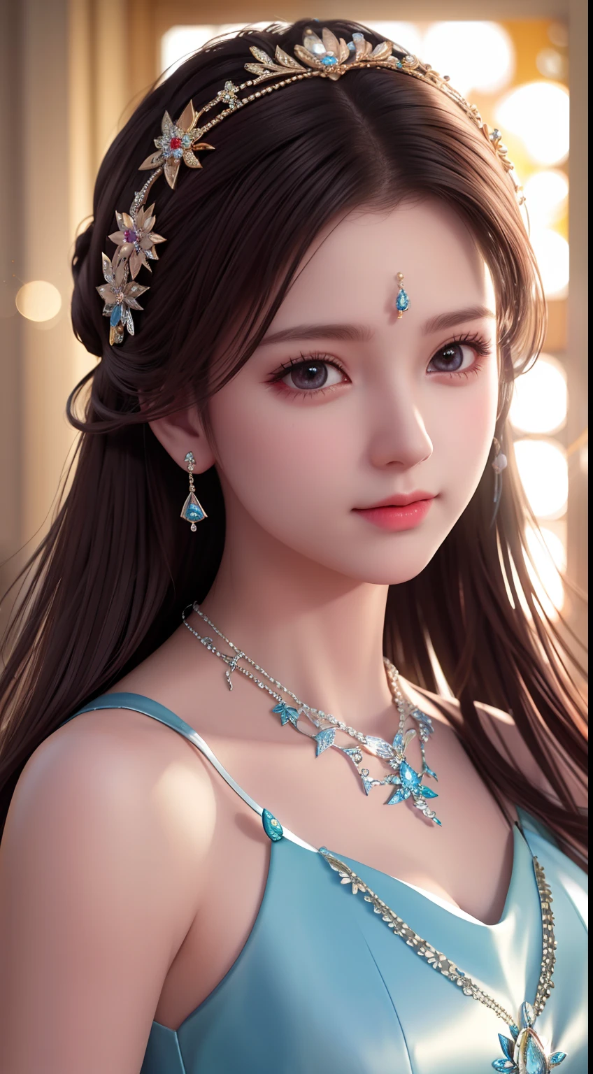 Best Quality, Masterpiece, High Resolution, 1 Girl, Porcelain Dress, Hair Accessories, Necklace, Jewelry, Beautiful Face, Physics, Tyndall Effect, Realistic, Dark Studio, Rim Lighting, Duotone Lighting, (High Detail Skin: 1.2), 8k uhd, DSLR, soft light, high quality, volumetric light, candid, photo, high resolution, 4k, 8k, bokeh
