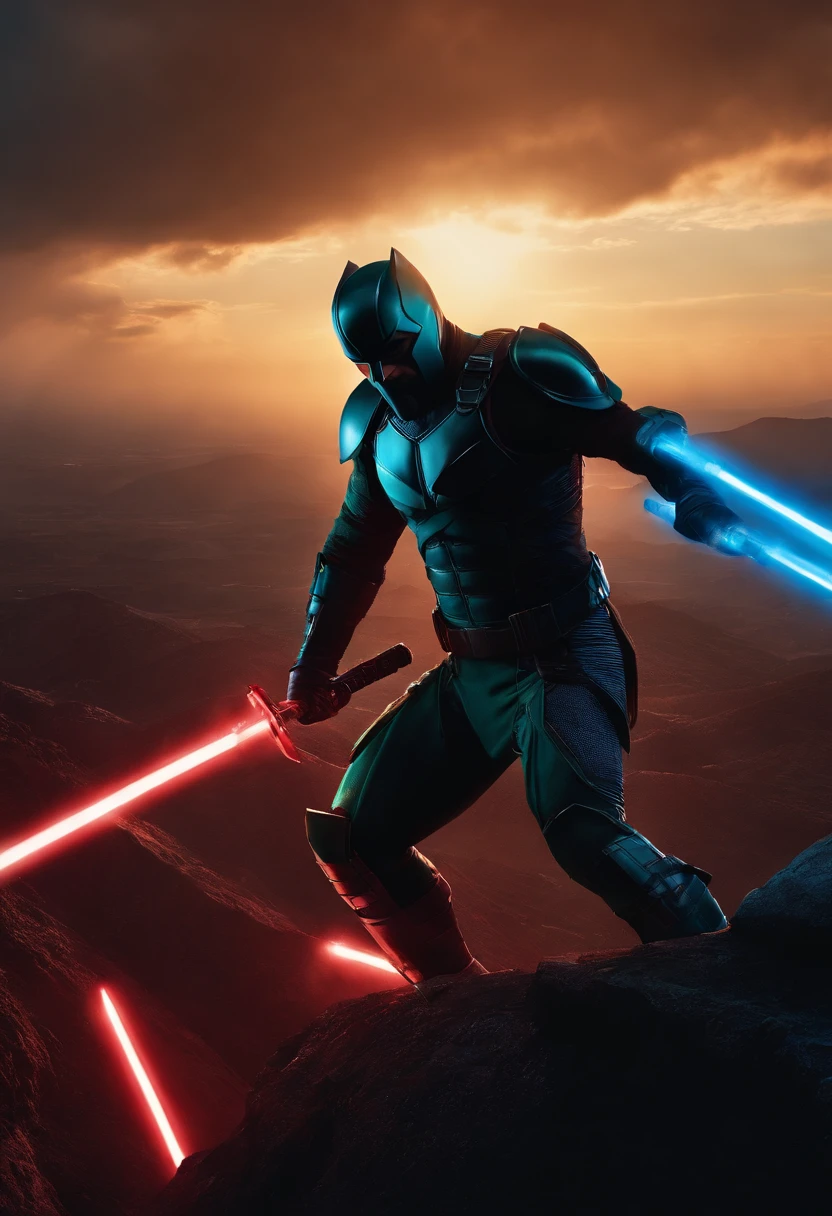daredevil as a spartan warrior, jumping in the air, a neon blue light sabers in hand, the sky is a pale hunter green, dying spartans on the ground , bloody armor, epic, 8k