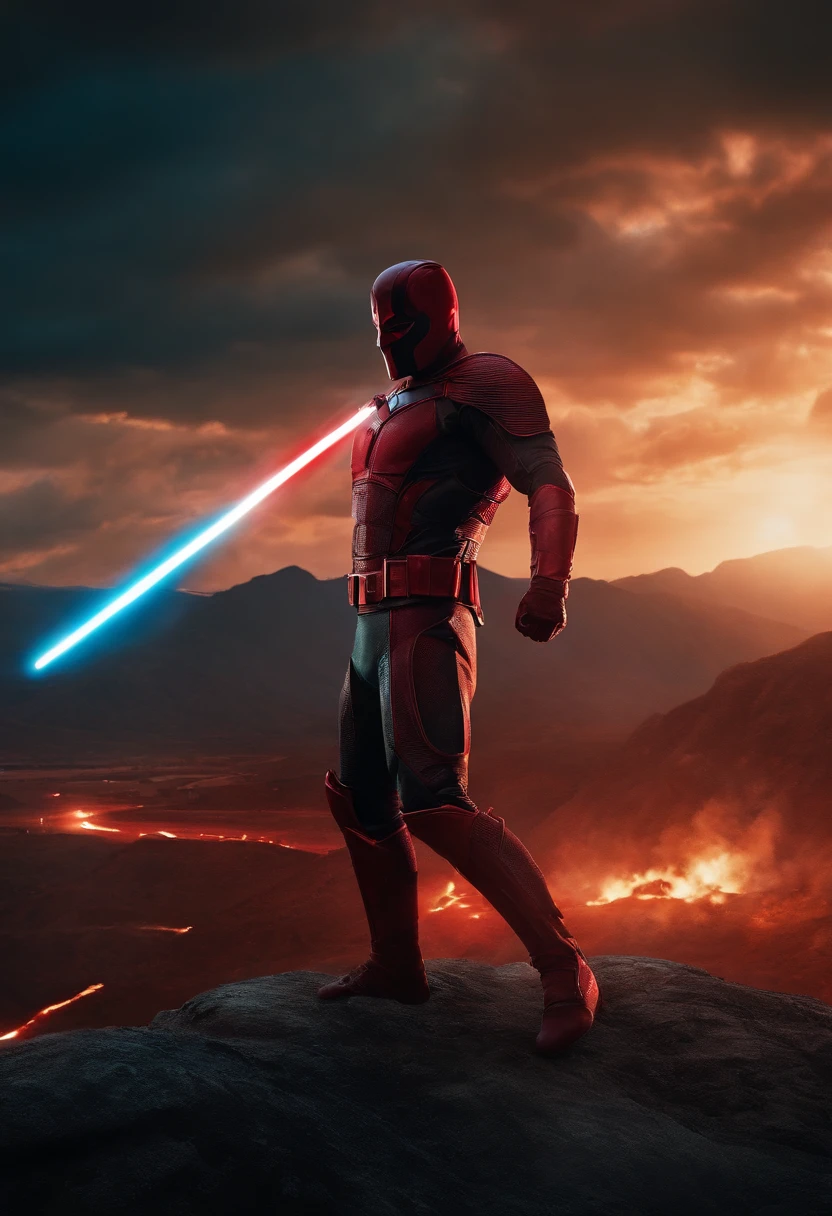 daredevil as a spartan warrior, jumping in the air, a neon blue light sabers in hand, the sky is a pale hunter green, dying spartans on the ground , bloody armor, epic, 8k