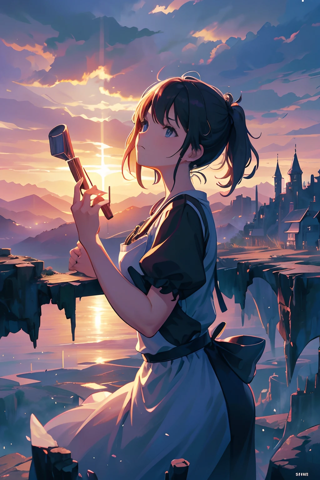 She was just a simple girl working on a farm. She lives in difficult times., These are the Dark Ages. , Crazy world, Floating islands, Cloud Castle, (Best quality:1.3), (A high resolution:1), (Detailed:1.3), (Incredible:1.3), (Perfect:1.3), (Impeccable:1.3), (Roll cover art:0), (illustration:1.3), Studio Ghibli's artwork