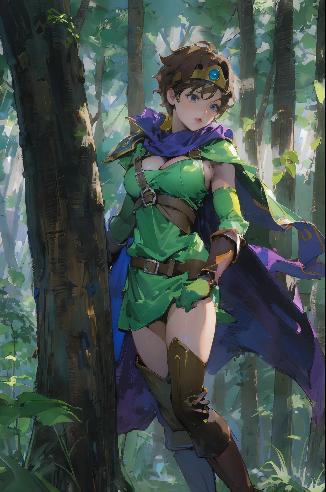 (((Top Quality: 1.4))),(Unparalleled Masterpiece), (Ultra High Definition),(Ultra-Realistic 8k CG),official art, (sheathed weapon on back:1.2), roto (dq3), 1girl, solo, short hair, brown hair, blue eyes, circlet, large breasts, cleavage, strapless, blue dress, purple cape, thigh-highs, elbow gloves, boots, belt, scabbard,, knee boots, in dark forest, sunlight filtering through trees makes beautiful gradient of shadow and adds depth to images with back light effect,