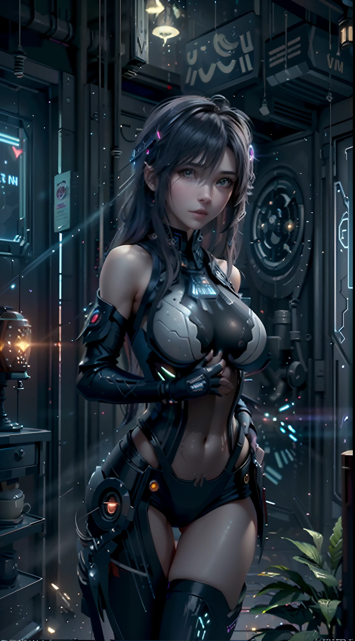 （tmasterpiece：1.2），best qualtiy，In space，（nigh sky，medium lenght hair：1.2），（illustratio：1.2），lindo cenario，dreads，（Elaborate luminescence，lens flare glow），（Hyper-detailing），Hyper-detailing，（exquisitedetails），（complexdetails），（Movie light，Best quality backlight），清晰的线条，New world，peeping at the viewer，Solo Woman，petty face，（Space Girl，the space），Oriental women，Girls are modeling figures，Solo Woman，Perfect body，Beautiful 16 year old girl，（1girll），（Bright bioluminescent hair，bright glowing eyes），（galaxias，Alien planet），（Astronaut wearing sexy futuristic style white tight spacesuit：1.1），（The material of the spacesuit is extremely light），The girl has a slender waist，smallunderboob， Big breasts Thin waist，bare shoulders​，Bare legs，exposed waist，Latex tight spacesuit，The chest of the spacesuit shows the starry sky，Slightly closed eyes，（cyber punk perssonage），（dyna：1.3），（putting makeup on）），hight contrast，（The best lighting，Extremely refined and beautiful），（（Movie Moonlight）），Extremely colorful，（（Photoshop Pastel Painting：1.1）），aethereal，（Movie Masterpiece），suspense，Funk，（Starskrim），splash of color，absolutly eye-catching，（（Caustics）），dynamic angle，big breasts beautiful（detailed glow），（spine-chilling），（Intricate movie scenes behind it：1.2），Environmental occlusion， （Ambient moonshine）， ray-traced reflection， intricately detailed visible background ， （Glowing spacesuit）， terroral， （Bioluminescent vegetation：1.2）， terroral， uneasy， A futuristic， terroral， （Hologram heads-up display）， （Delicate Great Comet）