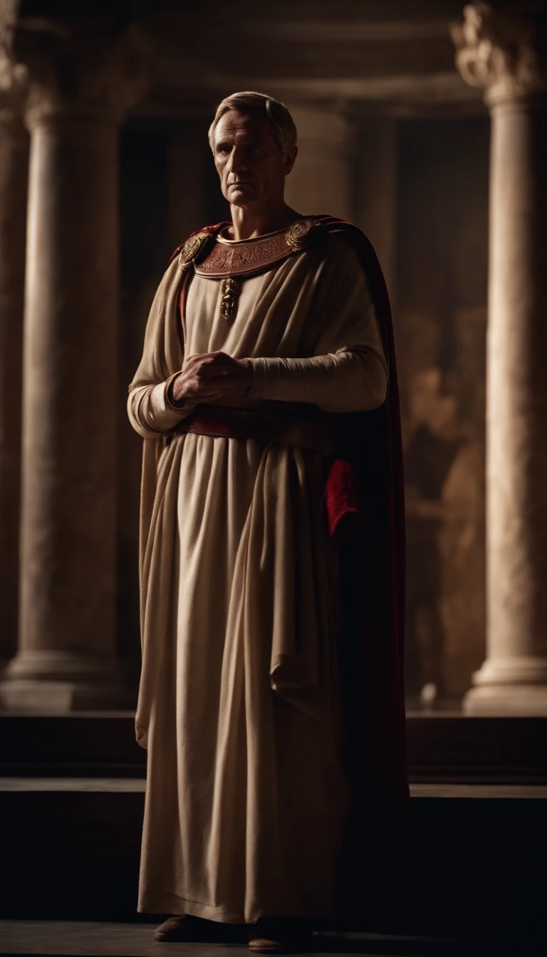 Emperor Julius Caesar in an ancient Roman court room majestic powerful