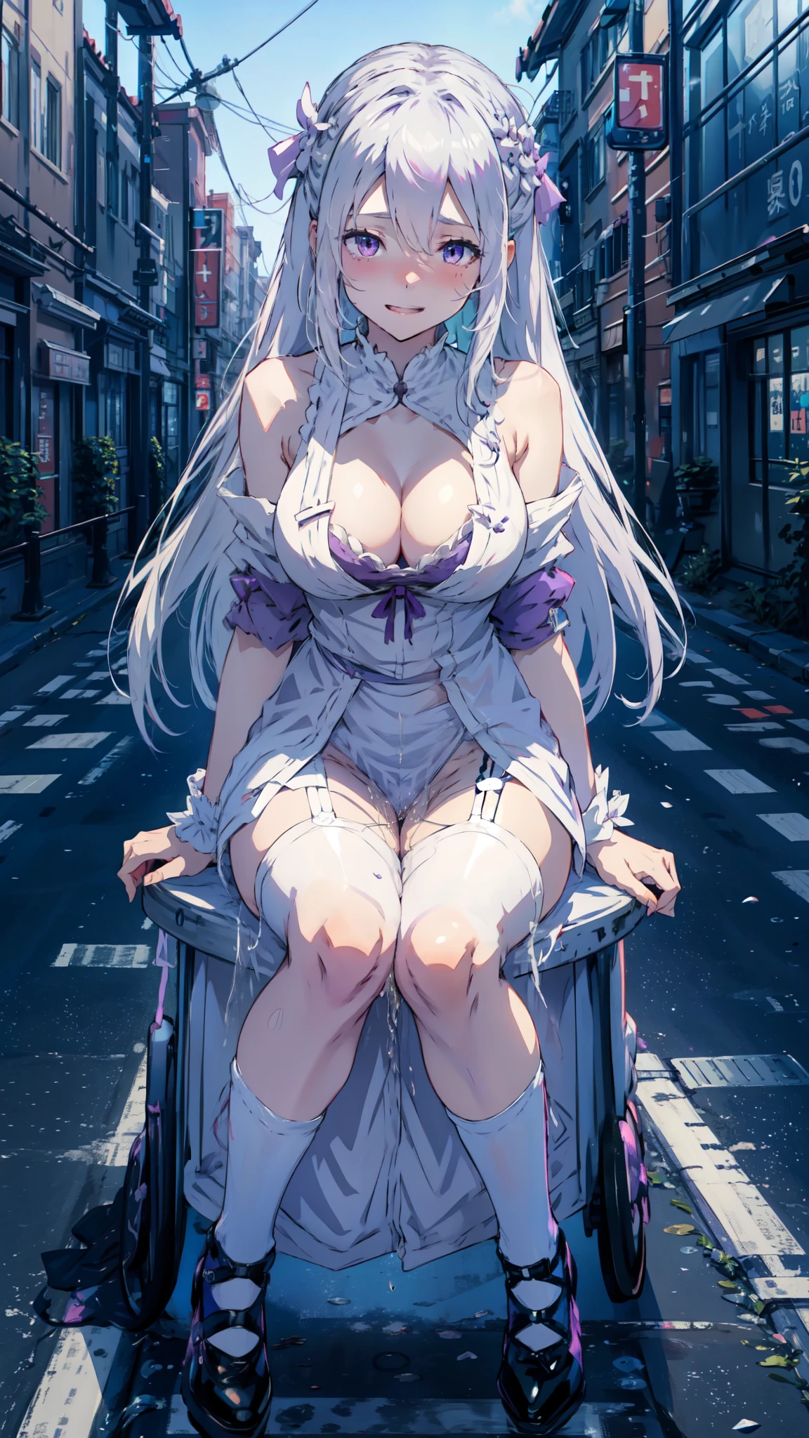 Emilia from re zero, mature face, long white hair, purple eyes, wearing wite lingerie bikini, sitting on the night city street,vibrant colours, blushing,joyful expression, dynamic pose, NSFW, peeing self, have to pee.