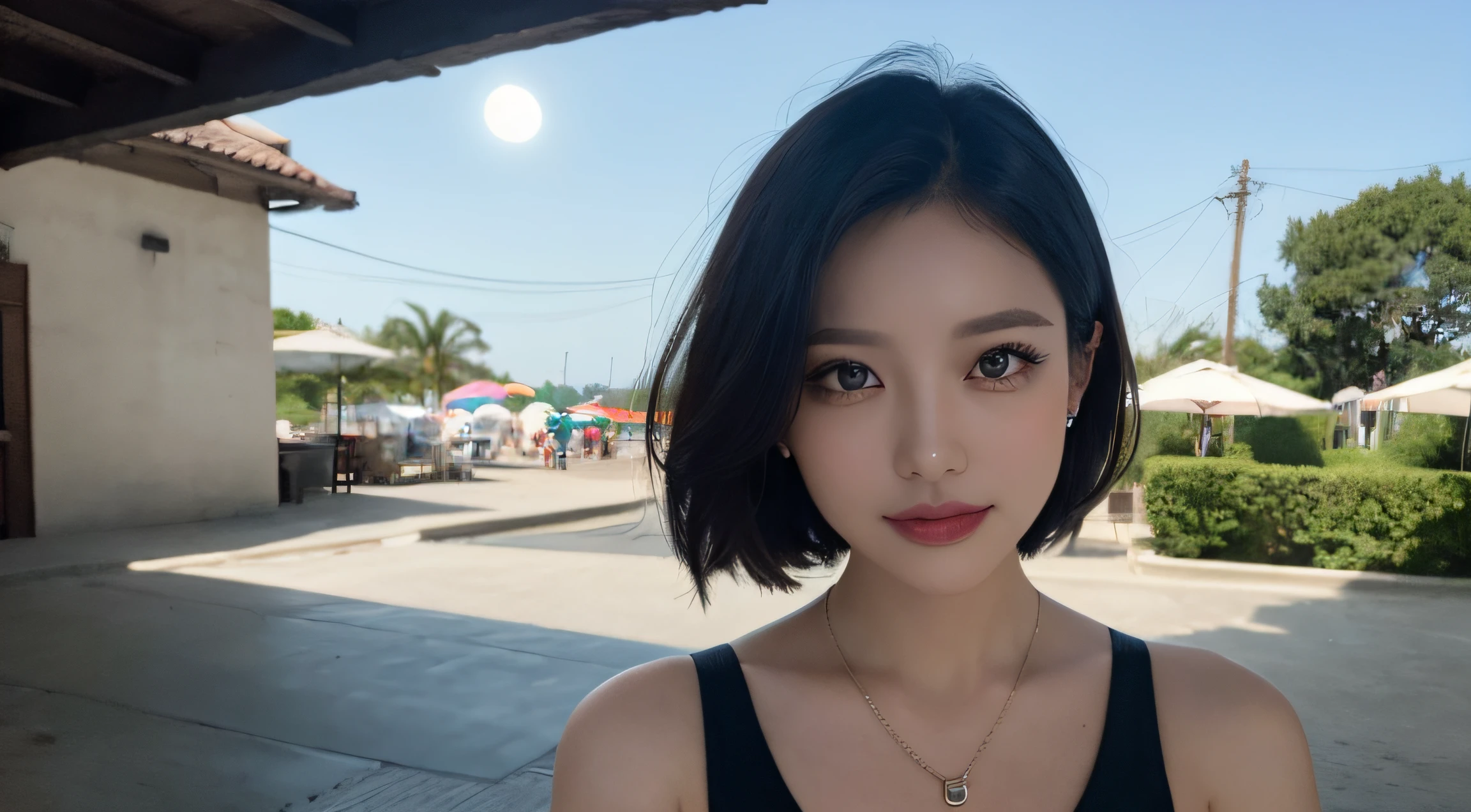 Black hair, hair bobbles, long eyelasher, solid circle eyes, Light smile, Moles under eyes, Light smile, Shy, puckered lips, surrealism, shadowing, stereograms, angle of view, Atmospheric perspective, Depth of field, first person perspective, f/1.8, 8K, Super detail, ccurate, Best quality, A high resolution, Best quality,full bodyesbian,Professional lighting,Moonlight,Evening,beach,necklace,race queen,Cross your arms behind your head:1.5,Upper body,