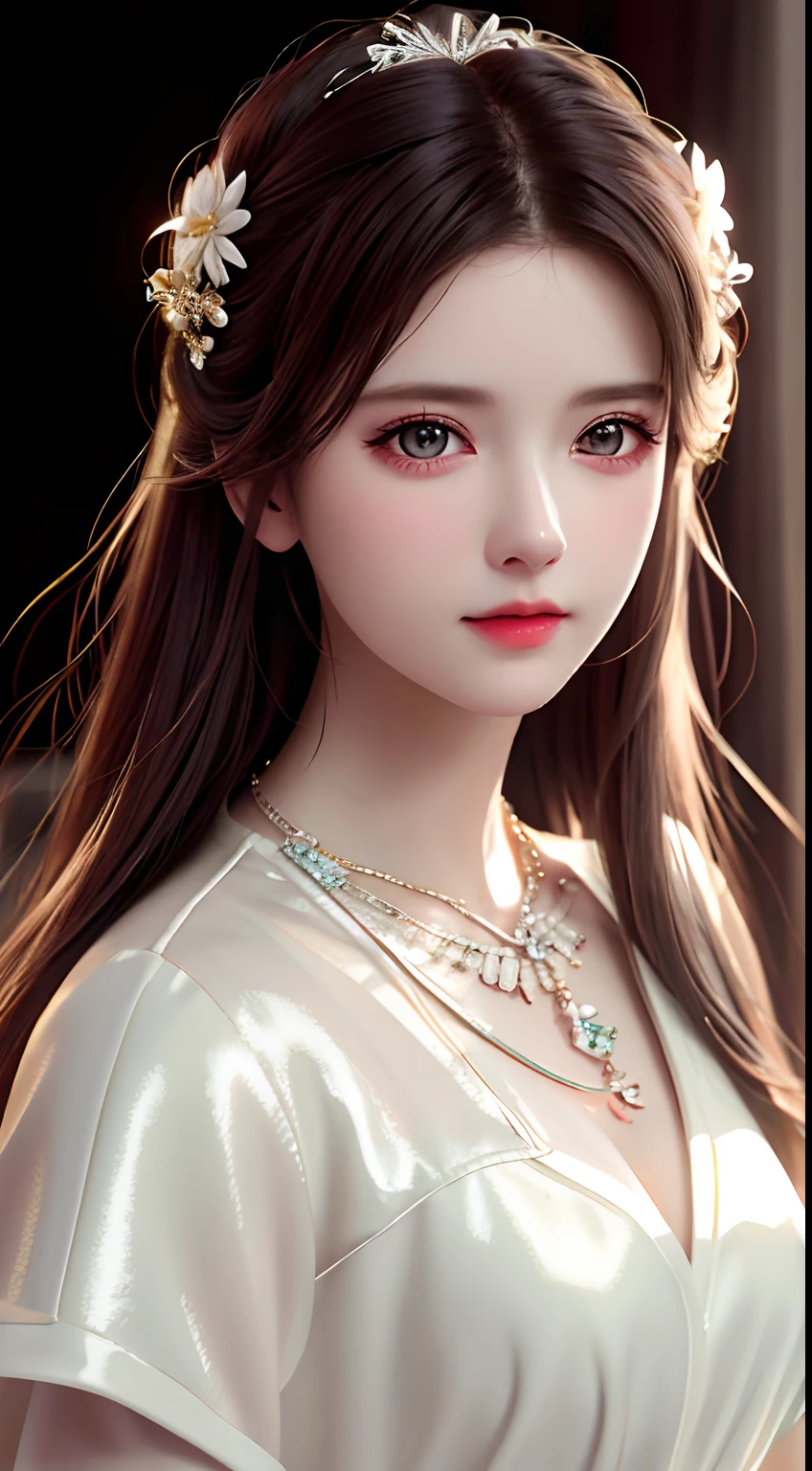 Best Quality, Masterpiece, High Resolution, 1 Girl, Porcelain Dress, Hair Accessories, Necklace, Jewelry, Beautiful Face, Physics, Tyndall Effect, Realistic, Dark Studio, Rim Lighting, Duotone Lighting, (High Detail Skin: 1.2), 8k uhd, DSLR, soft light, high quality, volumetric light, candid, photo, high resolution, 4k, 8k, bokeh