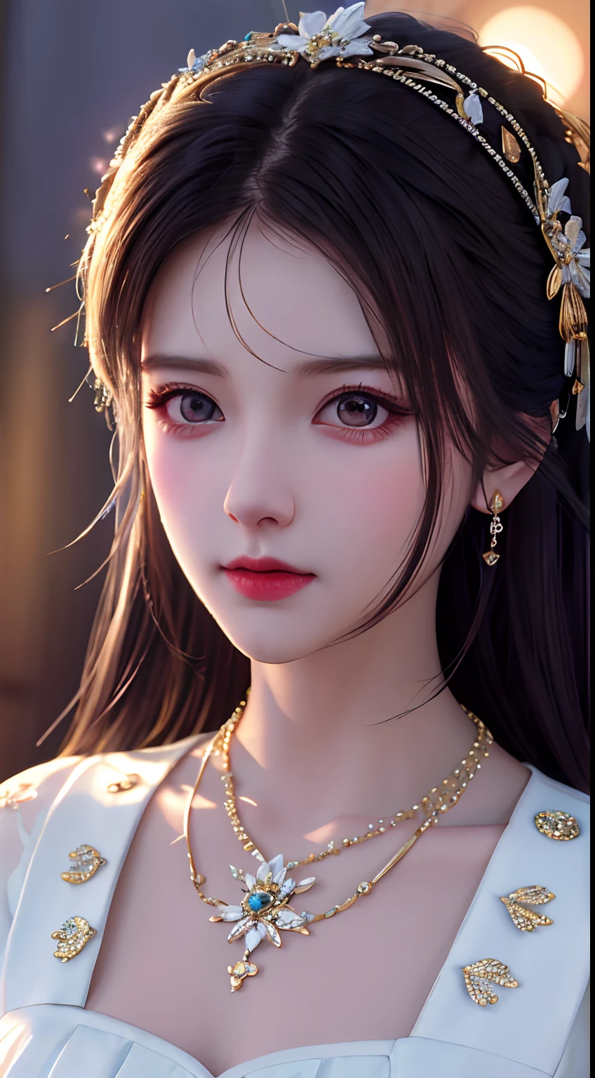 Best Quality, Masterpiece, High Resolution, 1 Girl, Porcelain Dress, Hair Accessories, Necklace, Jewelry, Beautiful Face, Physics, Tyndall Effect, Realistic, Dark Studio, Rim Lighting, Duotone Lighting, (High Detail Skin: 1.2), 8k uhd, DSLR, soft light, high quality, volumetric light, candid, photo, high resolution, 4k, 8k, bokeh