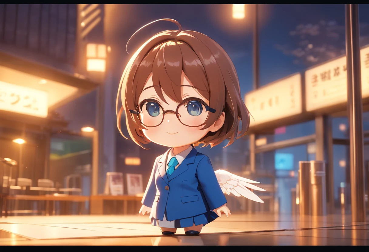 Pop Mart Blind Box IP、A smile、eye glasses、Close up of blue business suit doll、Young One Angel Style、Wear longer, Dress fluently、Lop style、Poseline doll、Little people々々々々々々々々々々々々。unreal enginee 5、Light 3D/C4D production: 8K HD quality/illuminating/Ultra-fine lens description 1.5、flawless、Chibi Background/Cinematic。