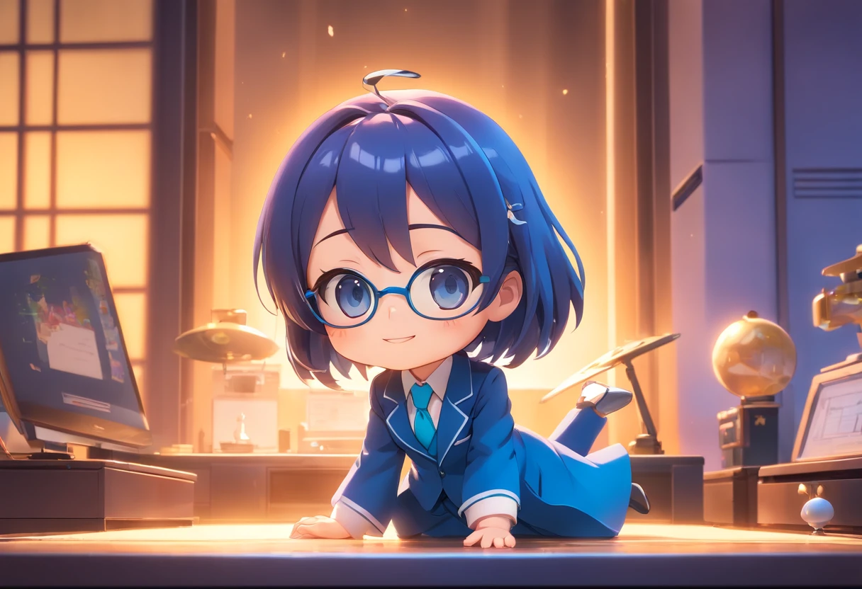 Pop Mart Blind Box IP、A smile、eye glasses、Close up of blue business suit doll、Young One Angel Style、Wear longer, Dress fluently、Lop style、Poseline doll、Little people々々々々々々々々々々々々。unreal enginee 5、Light 3D/C4D production: 8K HD quality/illuminating/Ultra-fine lens description 1.5、flawless、Chibi Background/Cinematic。