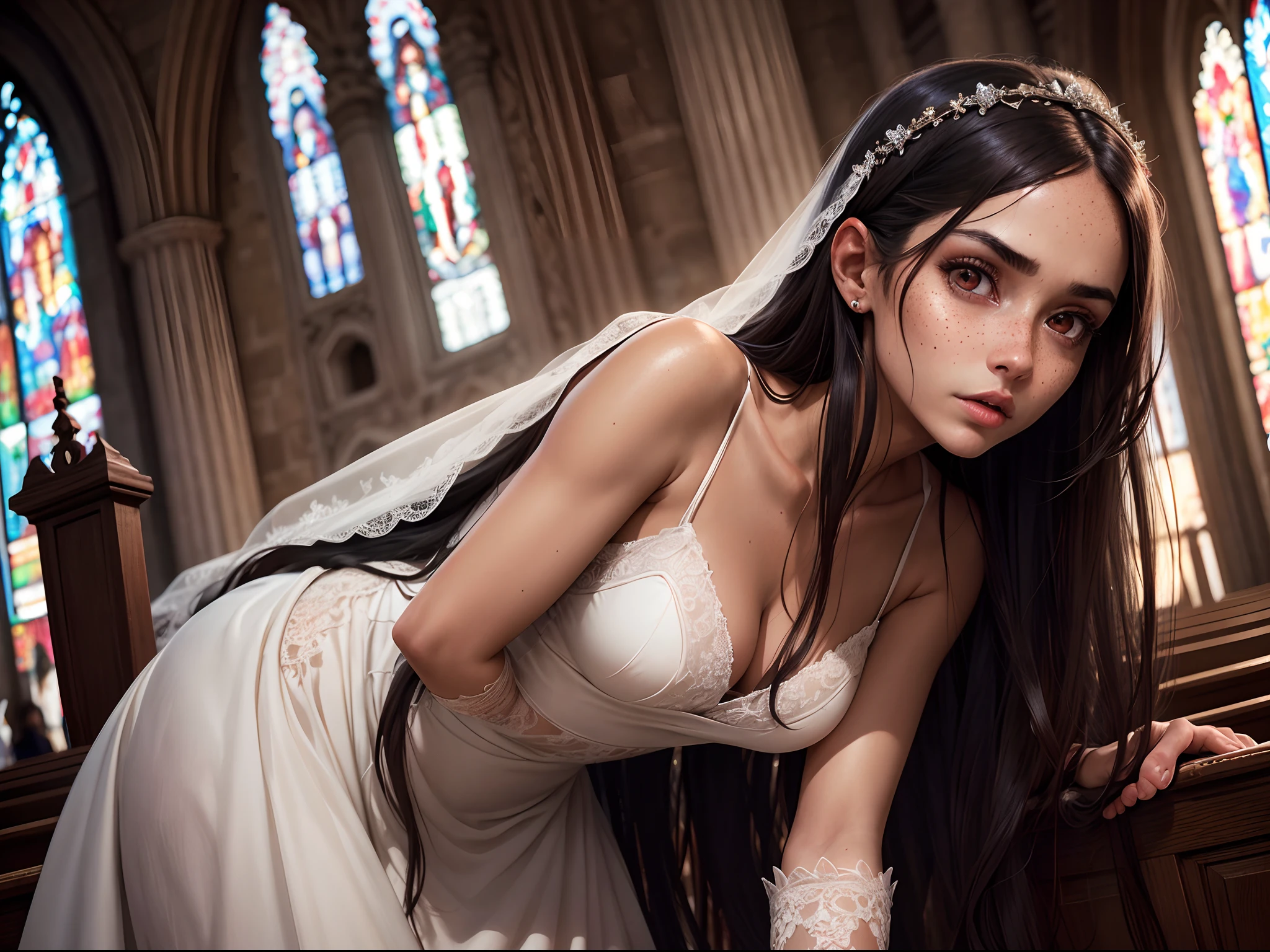 Ultra realistic image of a 25 year old woman, beautiful, thin, long straight hair, freckles on her face, dark tanned skin, wearing a wedding dress stained with blood, extremely detailed and wide eyes in an evangelical church, shocked expression, scene nocturnal